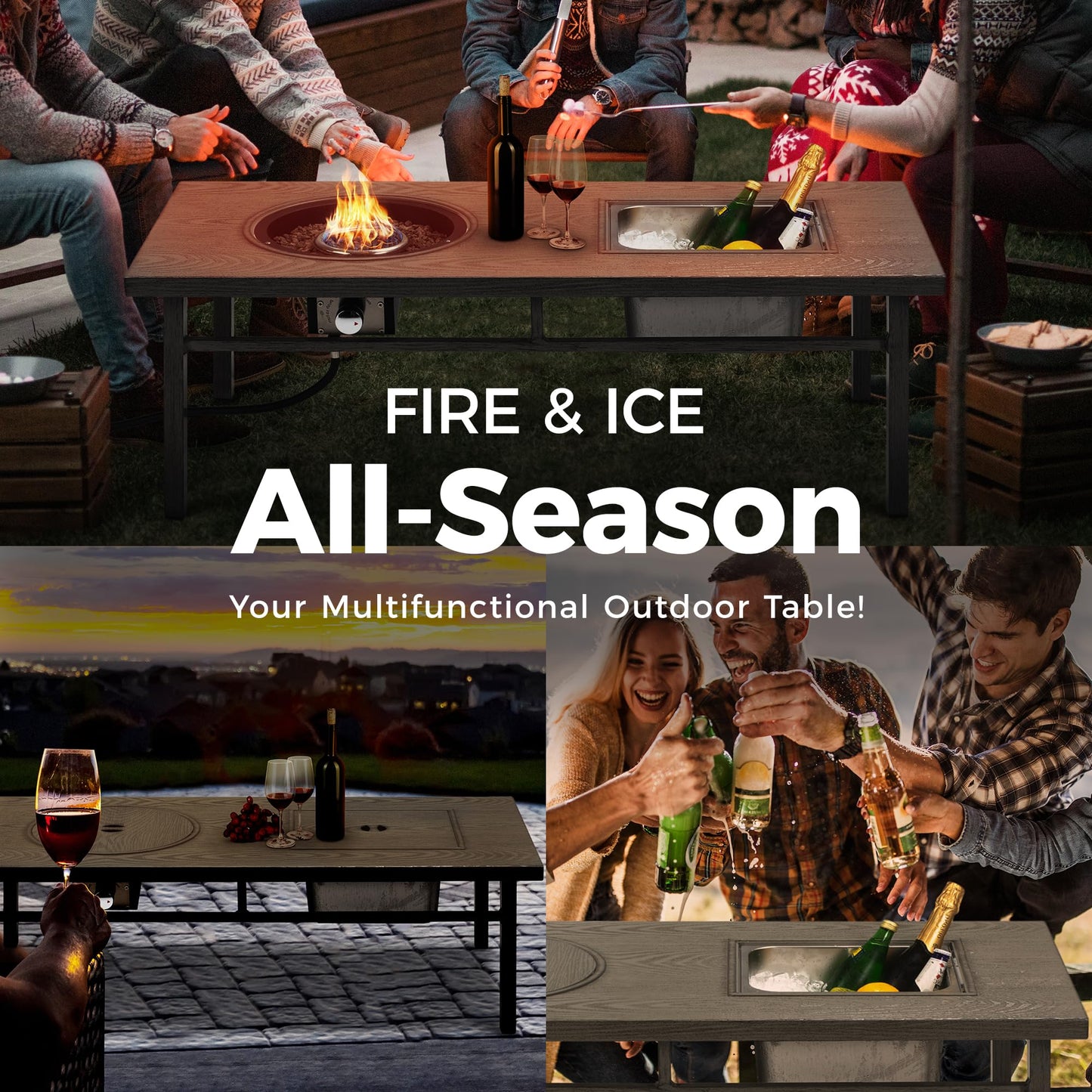 Green4ever Aluminum Propane Fire Pit Table, 47" 50,000 BTU Multifunctional Fire Table with CSA Certification, 4.5 Gallons Ice Bucket, and Lava Rocks, 3-in-1 Coffee Table for Outdoor Patio, Grey
