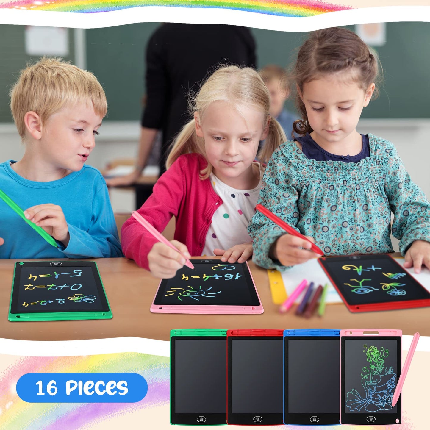 Epakh 16 PCS LCD Writing Tablet for Kids - 8.5 Inch Reusable Writing Board Drawing Doodle Pad Gift for Girl & Boy, Toddlers, Back to School, Birthday Party Favors(Blue, Green, Pink, Red)