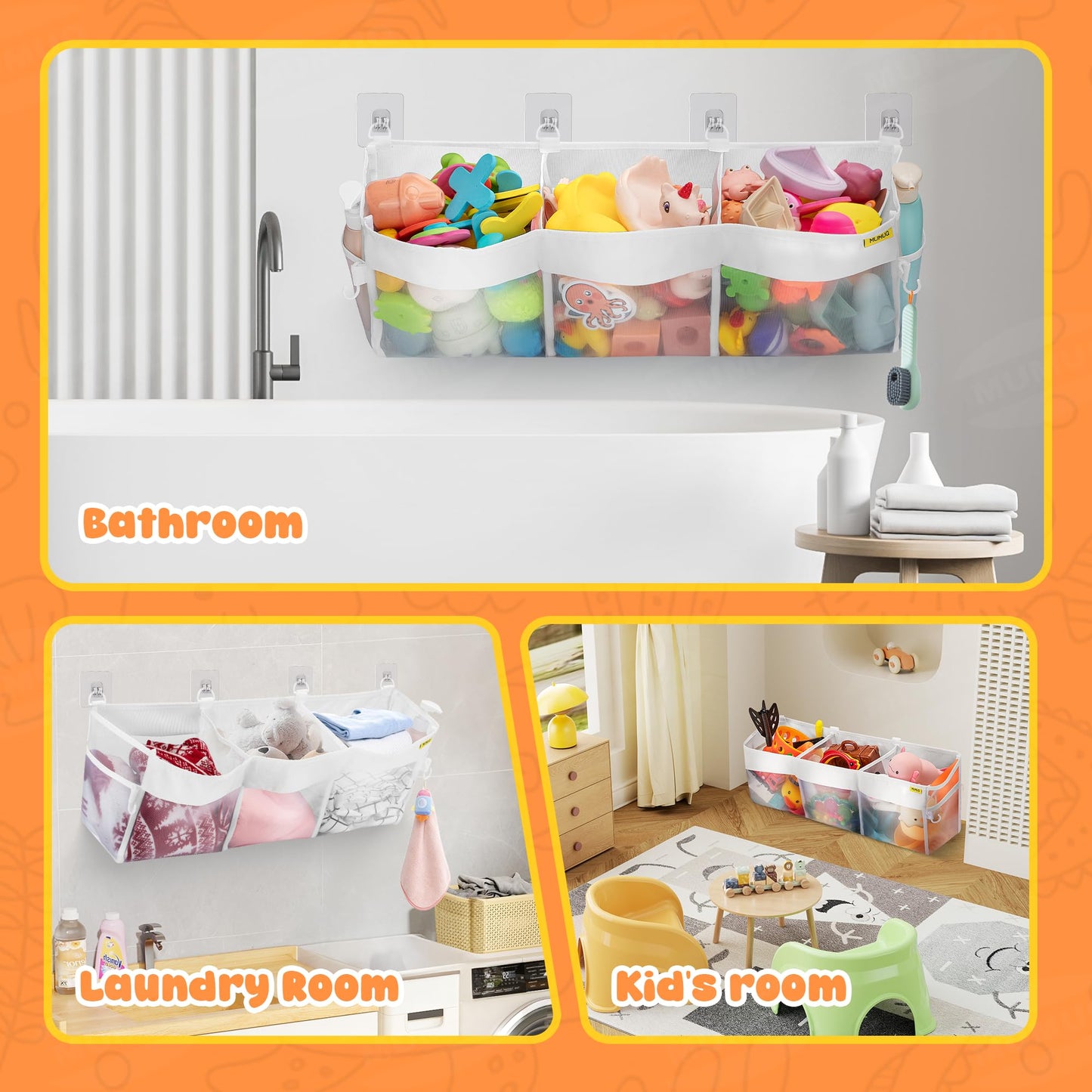 Bath Toy Organizer 3 Compartment Bath Toy Storage Bag Shower Caddy Quick Access Bathtub Toys Holder Baby Shower Games Tub Quick Dry Baby Bathroom Toys Storage Accessory White