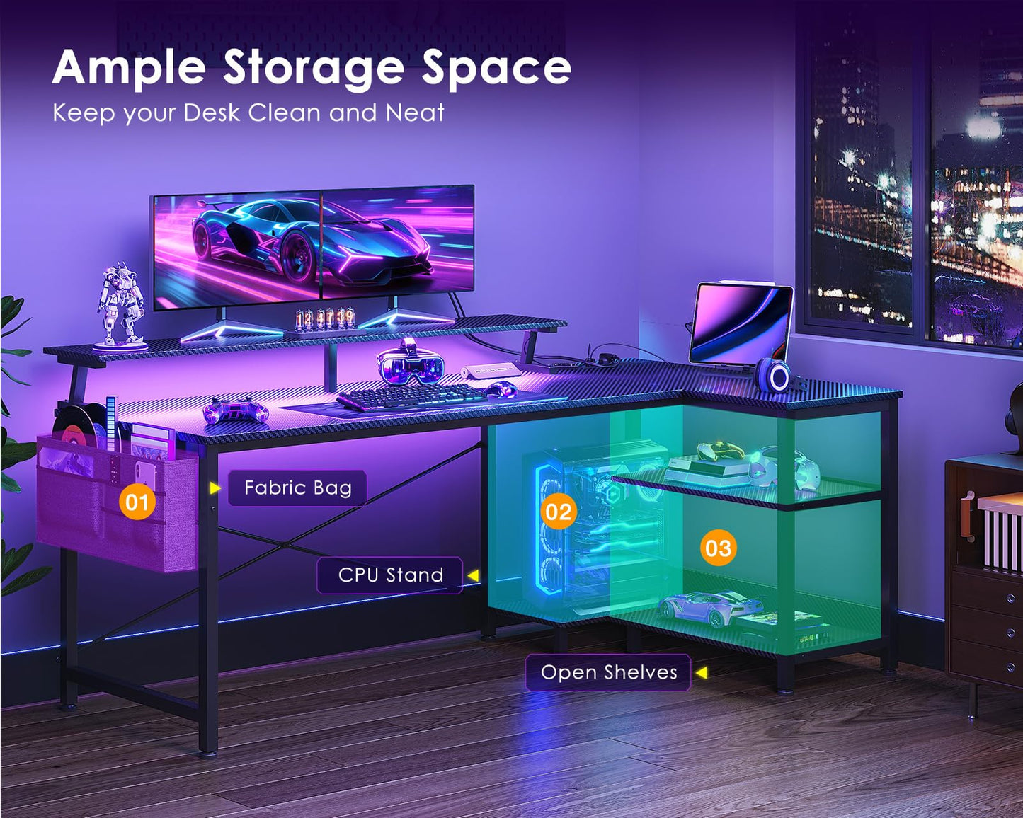 ODK 58 Inch Gaming Desk with USB Charging Ports and LED Lights, Reversible L Shaped Computer Desk with Storage Shelves & Monitor Stand, Corner Gamer Desk Table with Power Outlets, Black