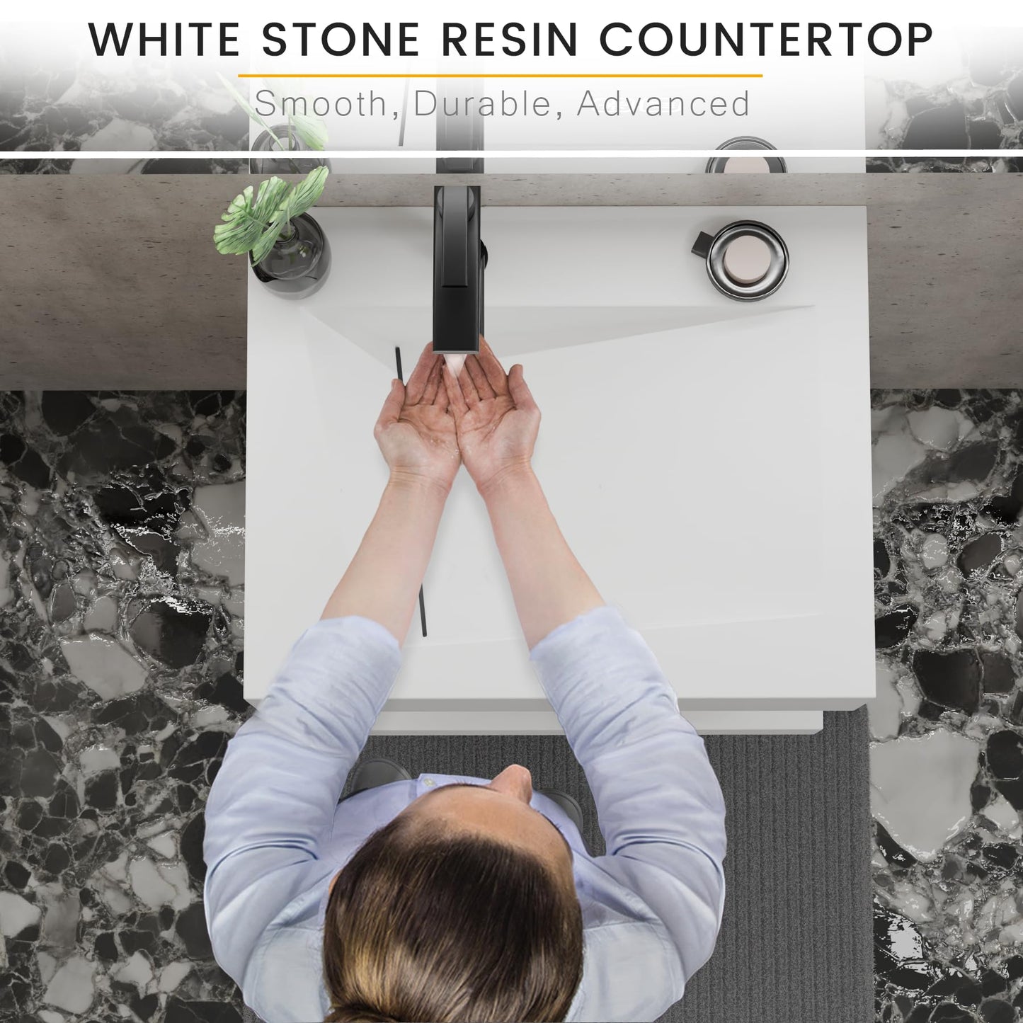 QJ&XY Resin Bathroom Sink 24" Wall Mounted V-Shaped White Basin Floating Vanity Vessel Sink in Soft-Touch Finish (Double Tier)