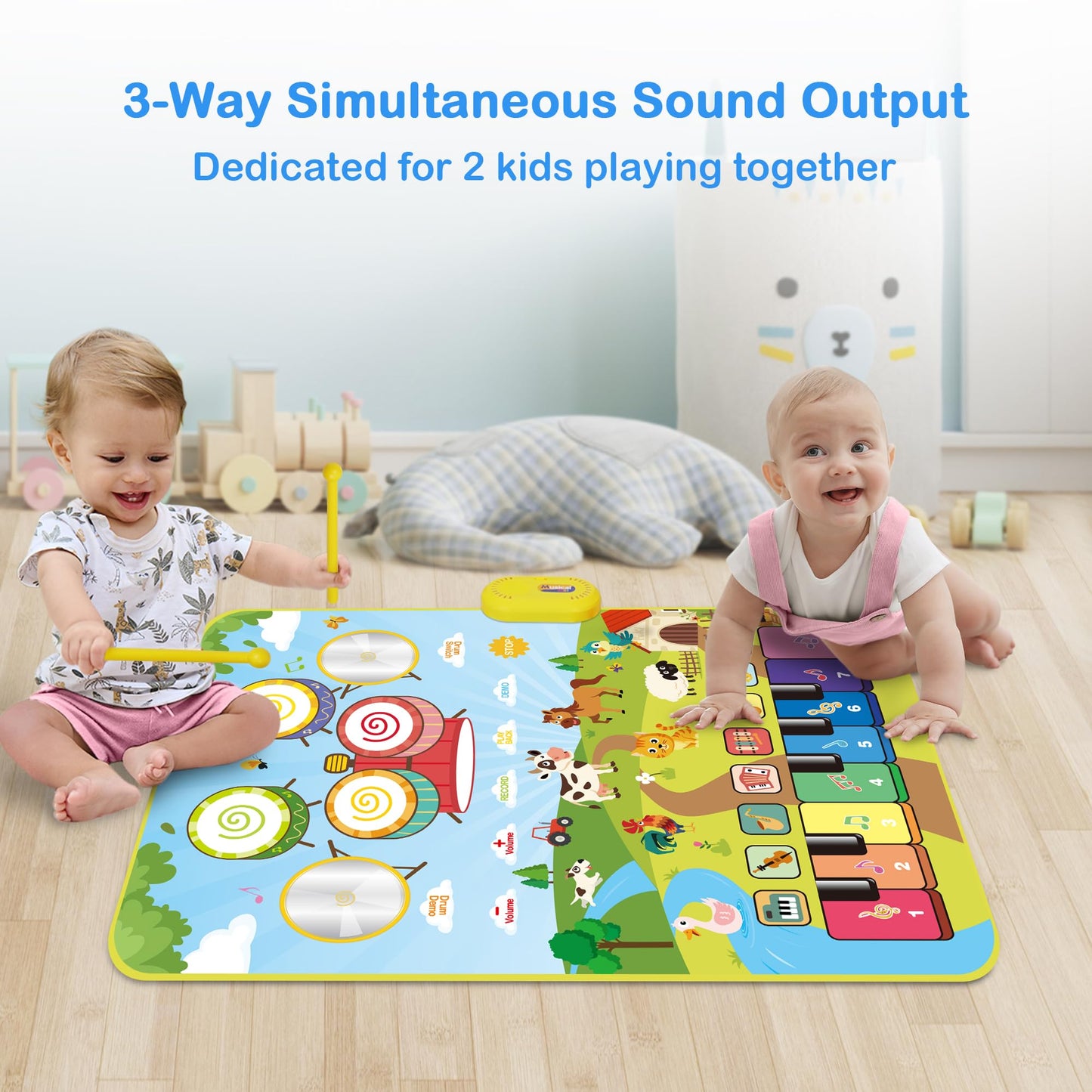 Foki Piano Mats, 3-in-1 Animal Musical Play Mat with Piano & Drum for Montessori Sensory Early Educational Musical Learning Toys, Ideal Birthday Toy for Baby Girls, Boys, Toddlers, Ages 1-5 Years Old
