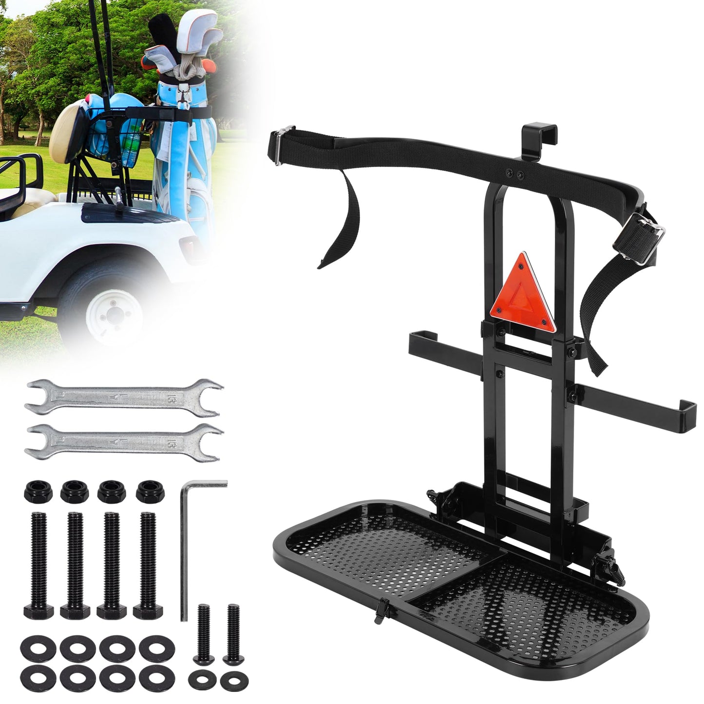 Universal Golf Cart Rear Seat Bag Holder Upgraded Foldable No-Drill Golf Cart Bag Holder for EZGO Club Car Yamaha Fit for 8" and 24.5" Wide Rear Armrests Foldable Golf Cart Bag Holders Bracket