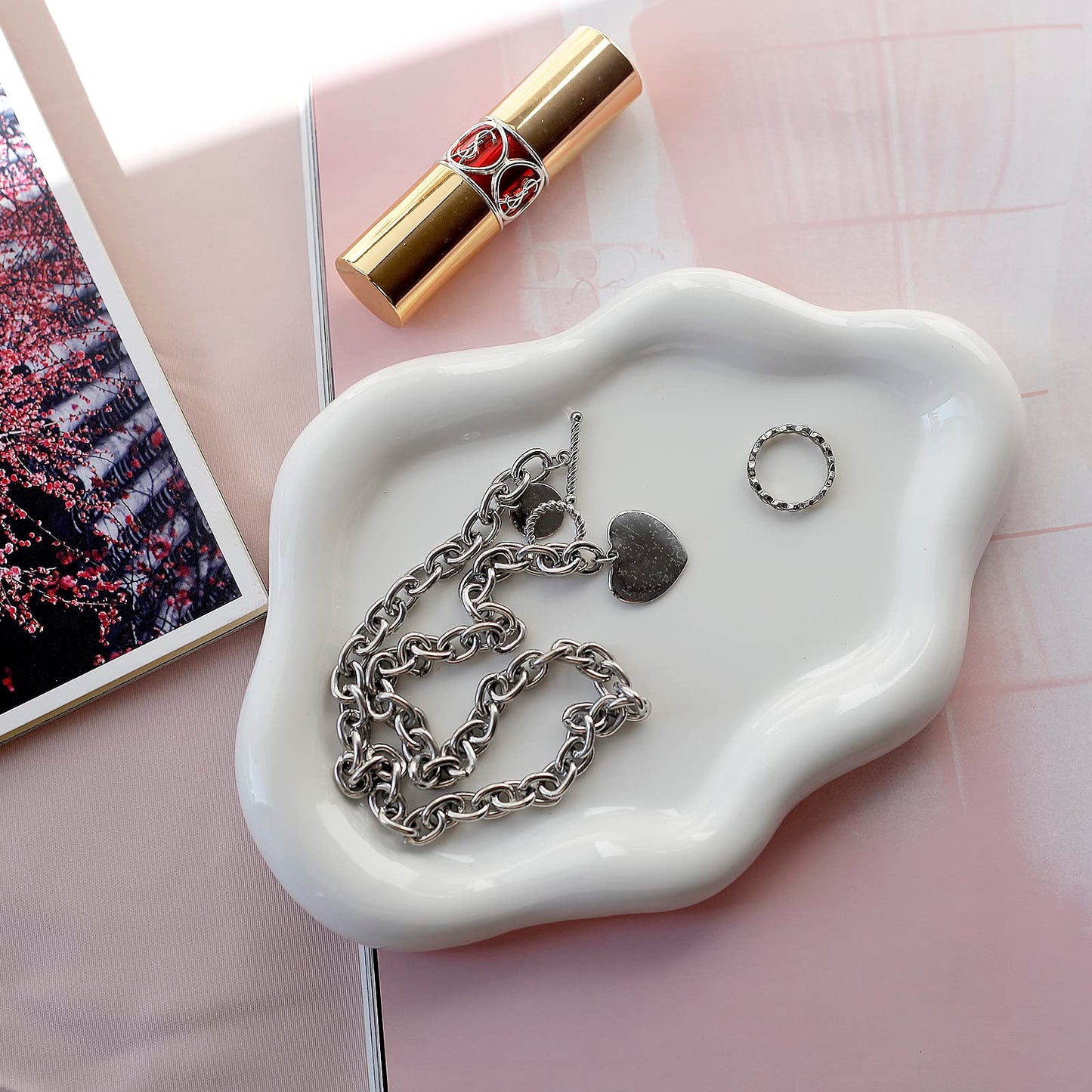 MDFAYE Jewelry Dish Trinket Tray for Women, Ring Dish Holder, Unique Cloud Shape Ceramic Plate Cute Things Vanity Aesthetic Room Decor Mother's Day Birthday (White)