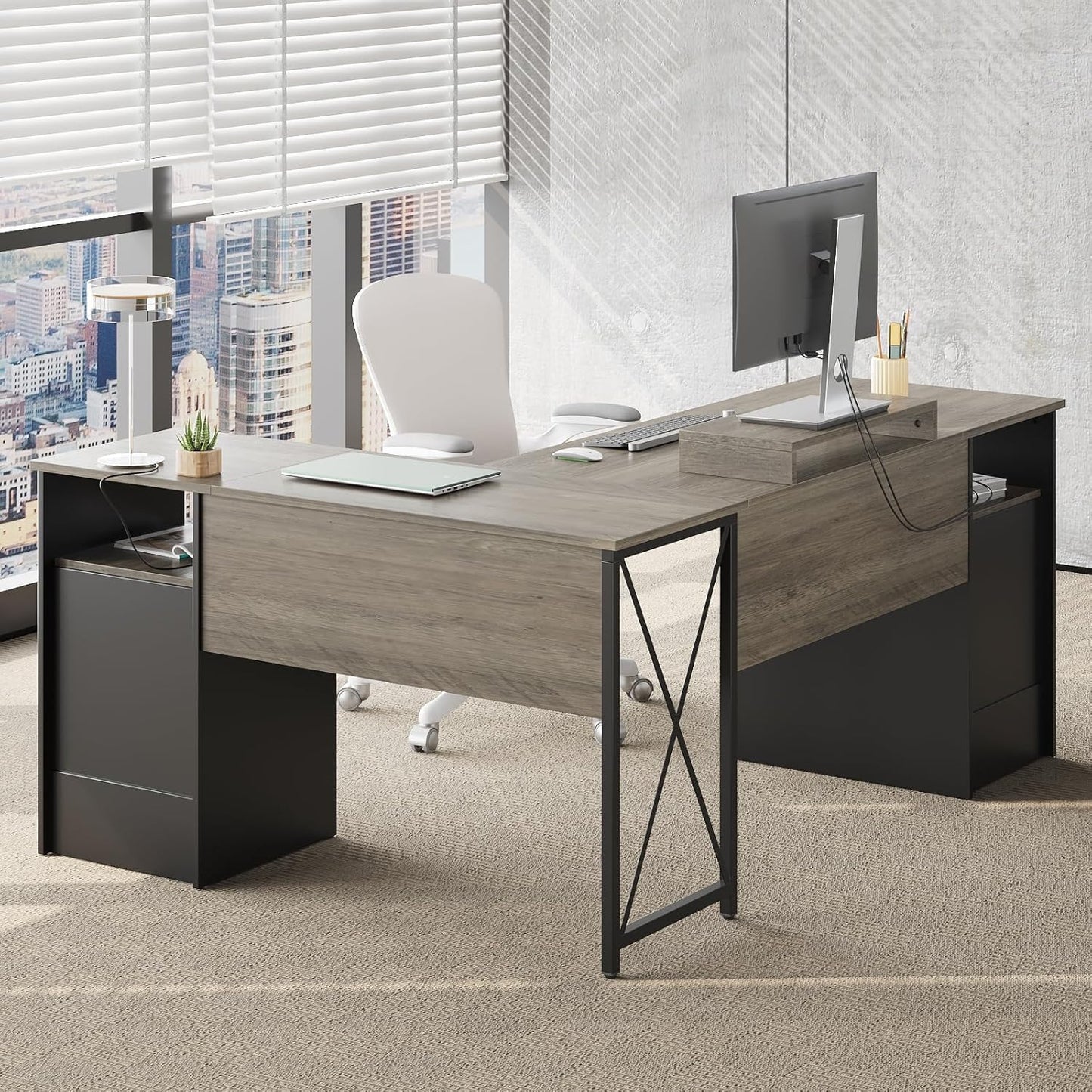Bestier L Shaped Desk with File Drawers, 63" x 47" Office Computer Desk with Storage Cabinet, Corner Desk with Monitor Stand & Modesty Panel for Home Office, Gray