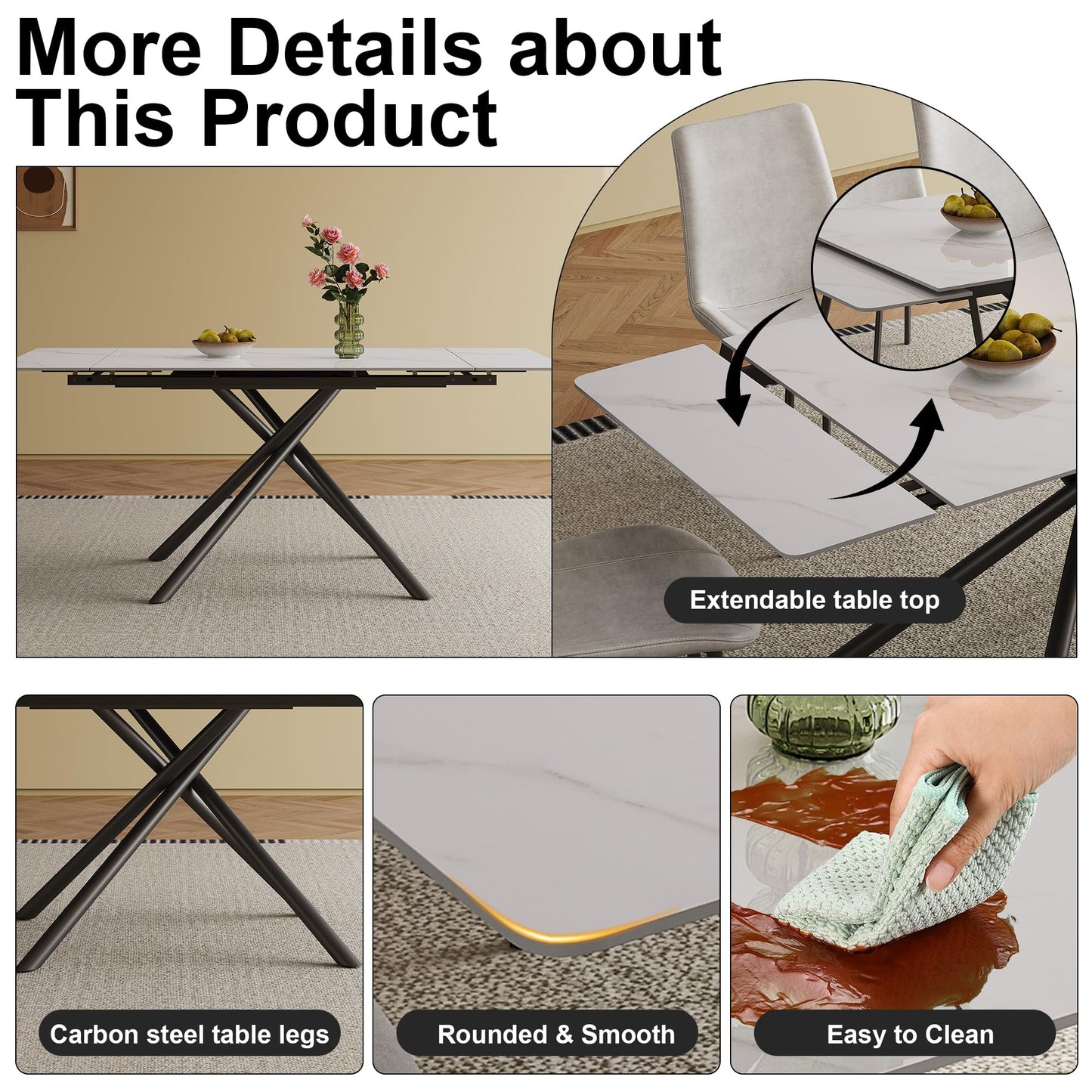 Runboll Extendable Rectangular Dining Table Set for 8, 47"-71" Modern Sintered Stone Kitchen Table with 8 Chairs and Carbon Steel Legs for Dining Room Family Gathering