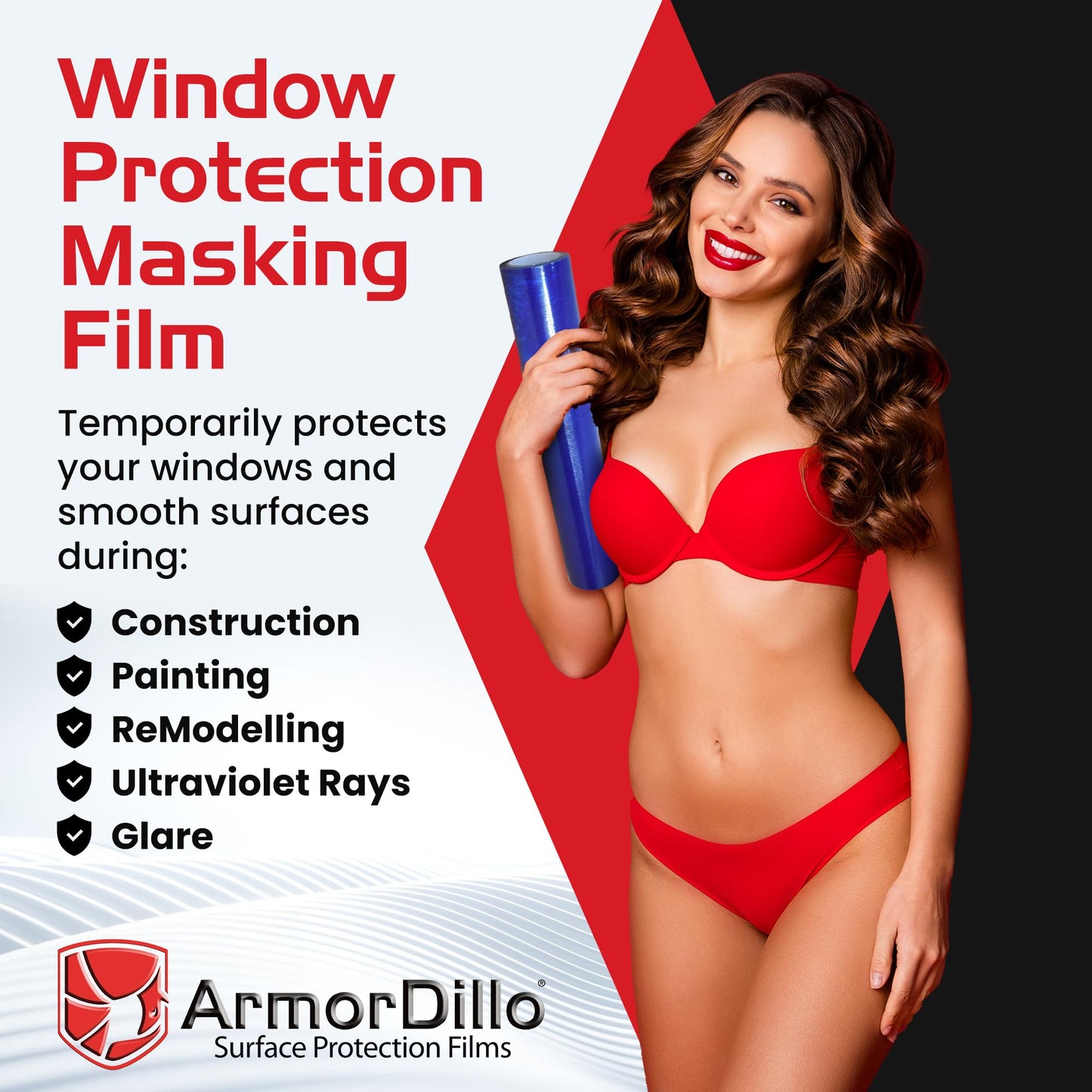ArmorDillo Blue Window Protection Film| 29.96/Roll (5 Rolls/case,1 case), 24" x200'. Temporary Self-Adhesive Glass Cover, Masking, 45-Day UV-Resistant, Window & Surface Protection| Construction Wrap