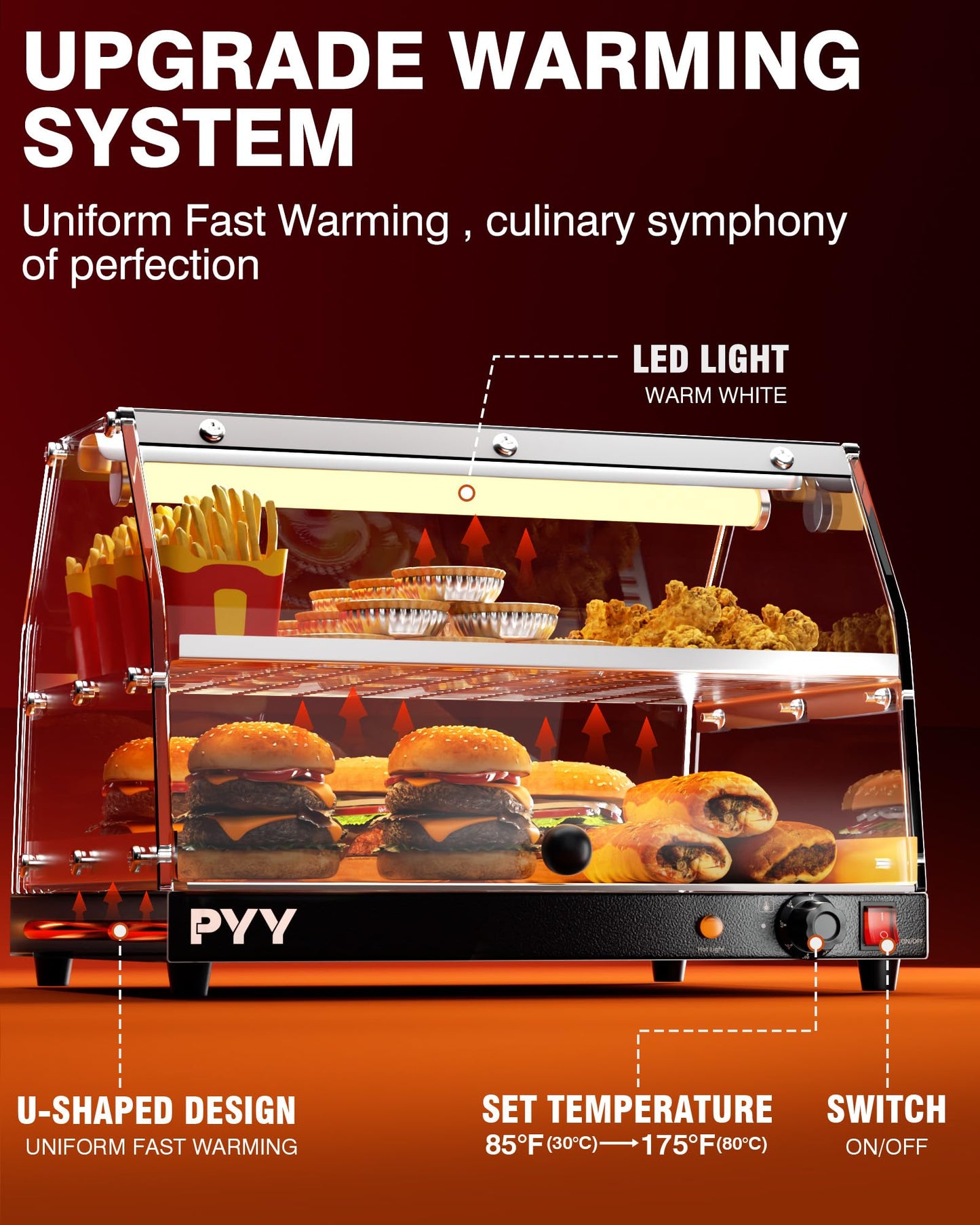 PYY Commercial Food Warmer Display, 2-Tier Electric Countertop Food Warmer with LED Lighting Adjustable Glass Door, Pastry Display Case for Buffet Restaurant