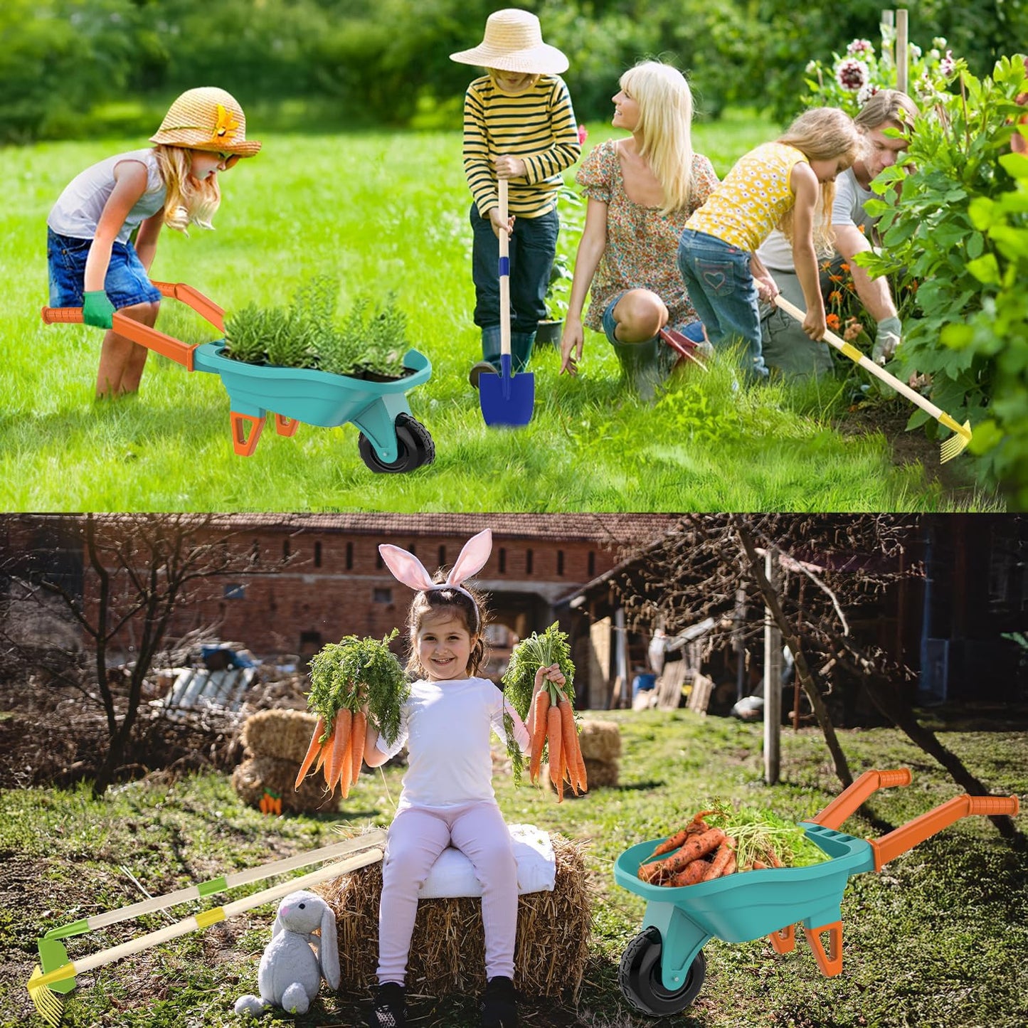 Qtioucp Kids Gardening Set with Wheelbarrow, Real Metal Garden Tools for Kids Ages 3-8, 4 Long Handle Tools, 3 Hand Tool, Gloves, 5 Stickers, Handbook, Outdoor Backyard Toys for Toddler Gift