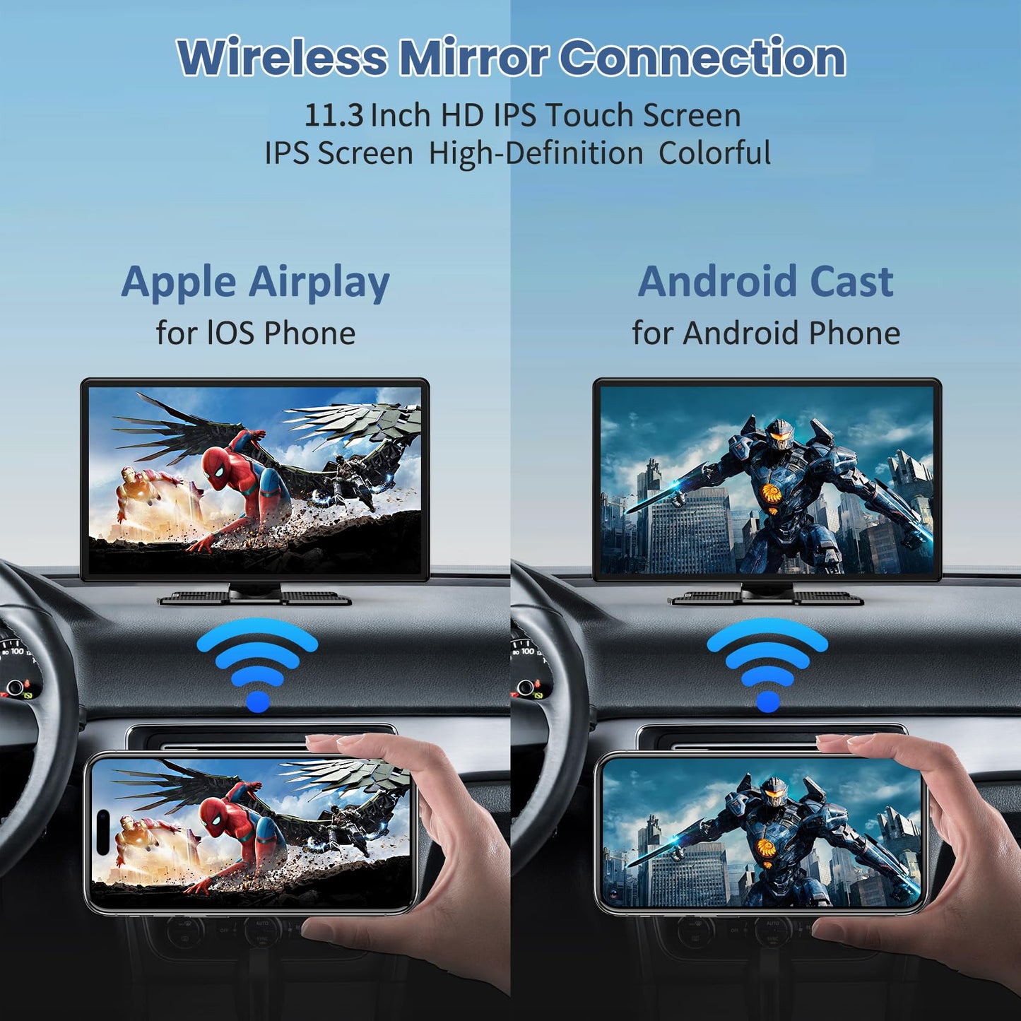 Largest 11.3" Portable Apple Carplay Screen, Wireless Car Play & Android Auto Touch Screen, Car Stereo with App View/4K Dash Cam/Backup Camera/Mirror Link/Voice Control/Music Play/GPS/Bluetooth/FM