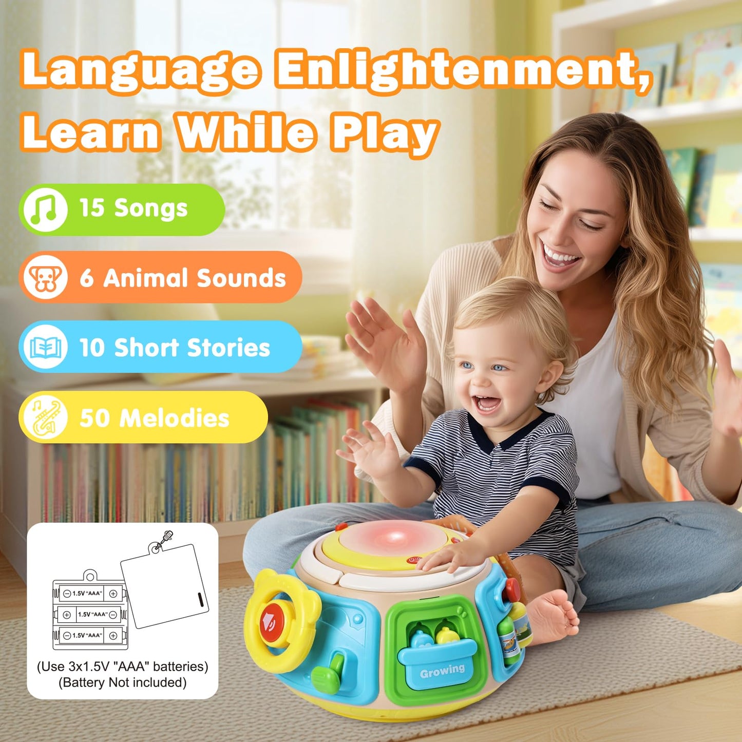 7-in-1 Activity Cube Drum Montessori Toys for Baby 18+ Months, Busy Toys for Toddlers with 9 Sensory Shape Blocks, Music & Light Educational Toys Christmas Birthday Gifts for Kids Boys Girls