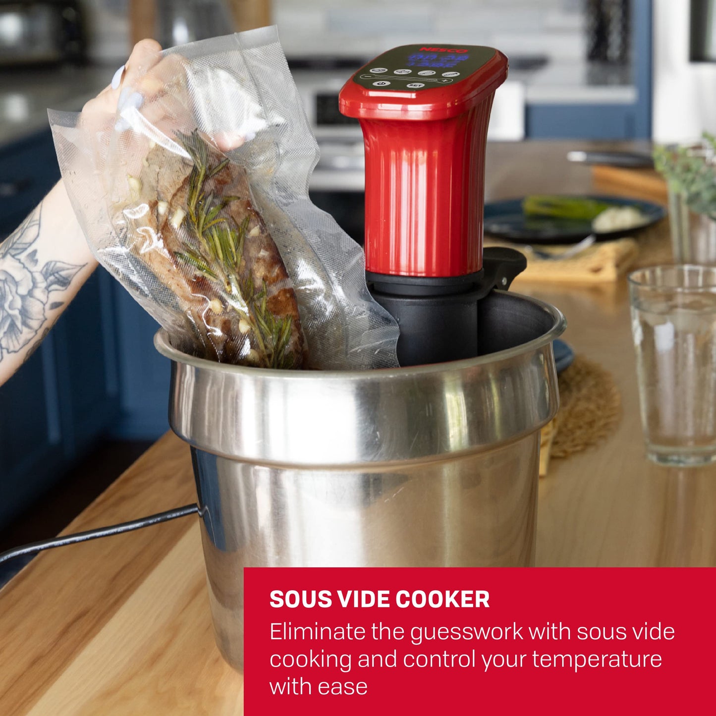 Nesco SVC-1000 Sous Vide Precision Cooker + Deluxe Food VS-12 Vacuum Sealer + 2 Vacuum Sealer Bag Rolls, 8" x 20"