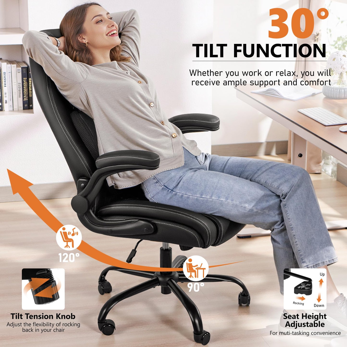 BESTFAIR Office Chair,Ergonomic Office Chair with Lumbar Support for Lower Back Pain Relief, Executive Leather Chair with Padded Flip-up Arms, Wheels and Adjustable Armrests, Black
