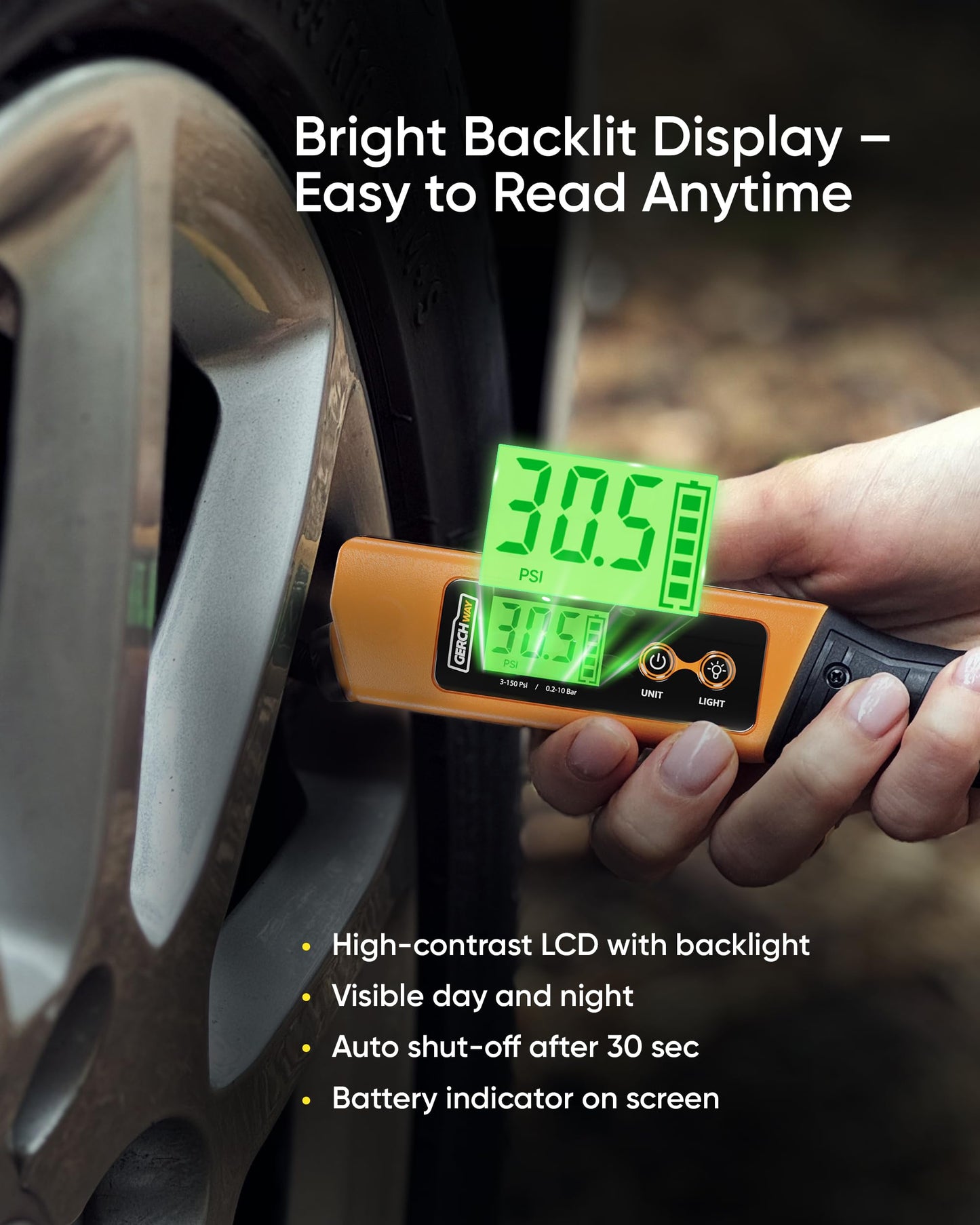Rechargeable Digital Tire Pressure Gauge with LED Work Light, 150 PSI ±1% Accuracy, Compact 2-in-1 Air Gauge for Cars, Motorcycles, Bicycles and RVs