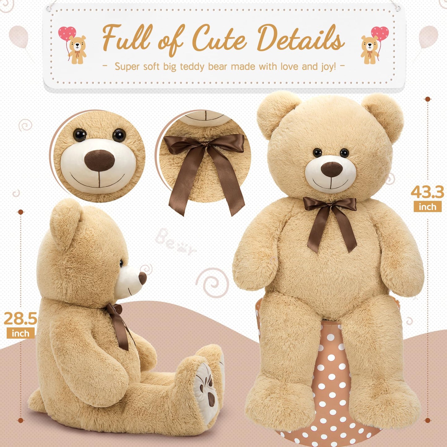 Tezituor 4ft Large Teddy Bear Giant Cream Teddy Bear, 43 inch Big Stuffed Animal Soft Plush for Kids Baby Shower Decorations, Cute Plush Toys for Girls Christmas Birthday Gift