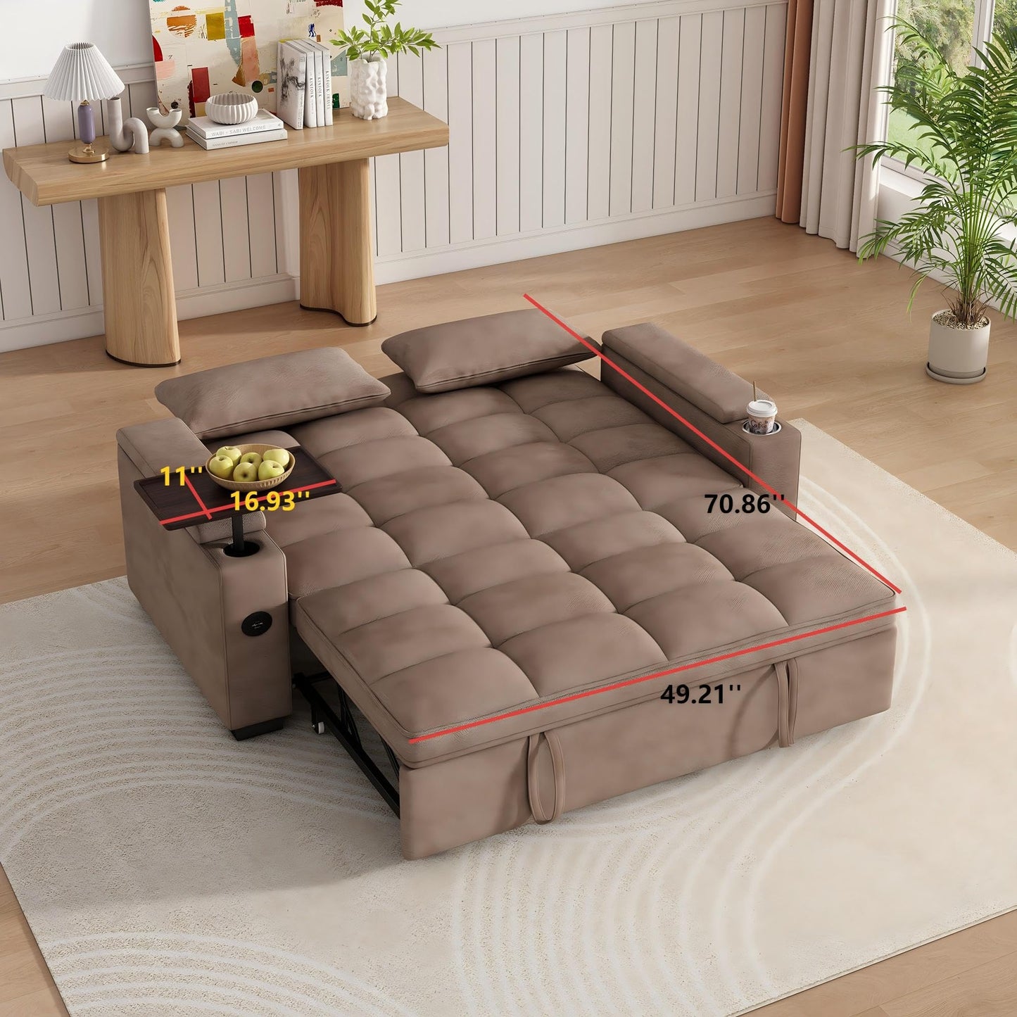 KEIKI 65" 3-in-1 Convertible Sofa Bed, Compact Sleeper Couch with Pull-Out Design, Rotating Side Table, USB Charging Ports & Storage Armrests for Guest Room & Small Spaces