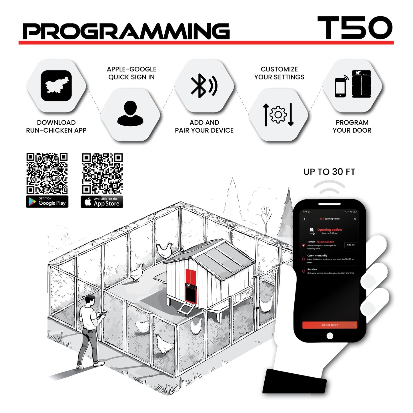 Run-Chicken Door T50 – Automatic Chicken Coop Door Opener, Battery Powered & Weatherproof Aluminum, Smart App & Timer Control, Predator Proof, Easy Install, Reliable All-Season Performance (Red)