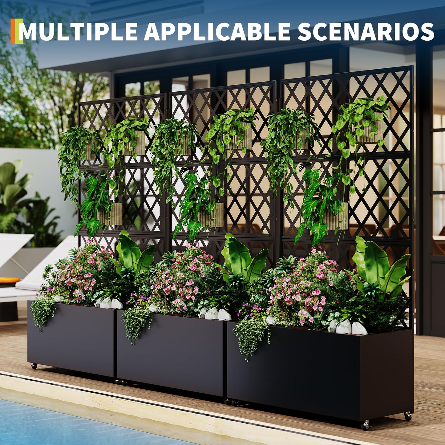 MERXENG Galvanized Steel Raised Garden Bed with Trellis, 71"X35"X16" 3-in-1 Planter Box w/Lockable Wheels & Drainage Holes, Privacy Screen for Patio, Deck, Yard