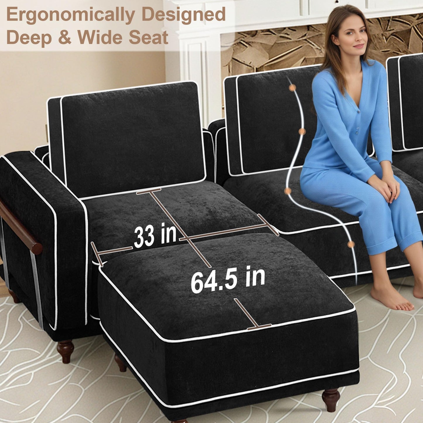 146" Cloud Modular Sectional Sofa,Oversized Deep 4 Seater Couch with Armrests Wooden Legs,Comfy Thicked Cushion Upholstered Sofa for Living Room Bedroom,Black