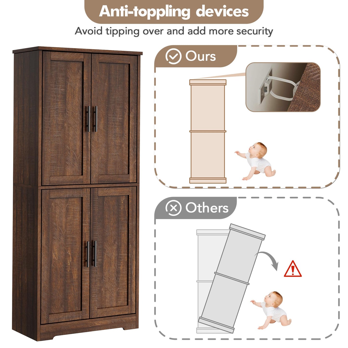 GarveeLife 70" Tall Kitchen Pantry,Farmhouse Storage Cabinet with Adjustable Shelves,Farmhouse Pantry Cabinet with 4 Barn Doors, for Kitchen,Dining Room,Living Room.(Rustic Brown)