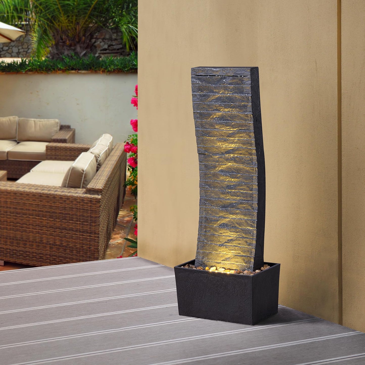MSEONWXI Curved Outdoor Waterfall Fountain, 36.2" Elegant Outdoor Water Fountain with LED Lights for Patio, Garden, Backyard, Modern Large Relaxing Water Feature (24382)