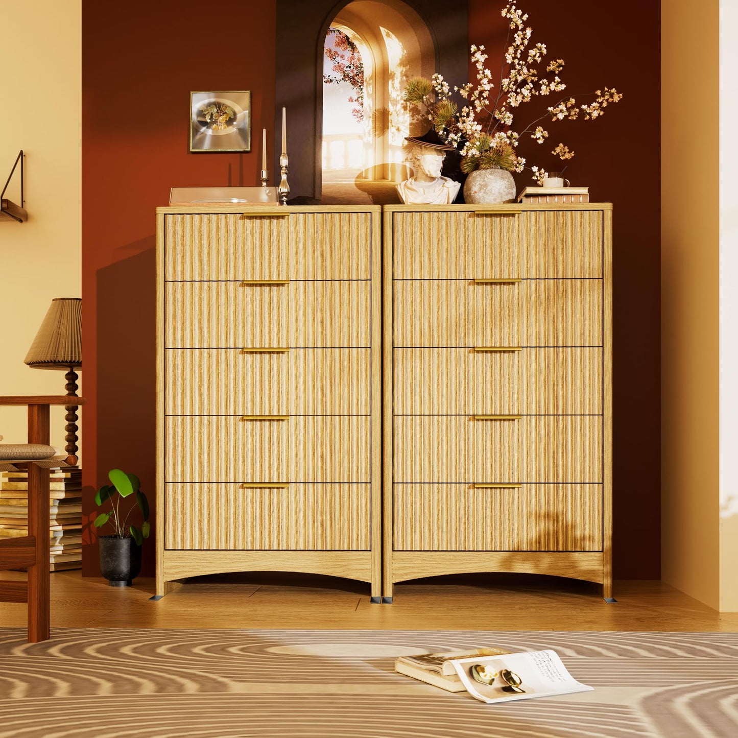 Marsail Fluted 5-Drawer Tall Wooden Dresser, Smooth Gliding Drawers & Large Capacity Storage Space, Modern Organizer Cabinet for Bedroom or Hallway, Natural Oak