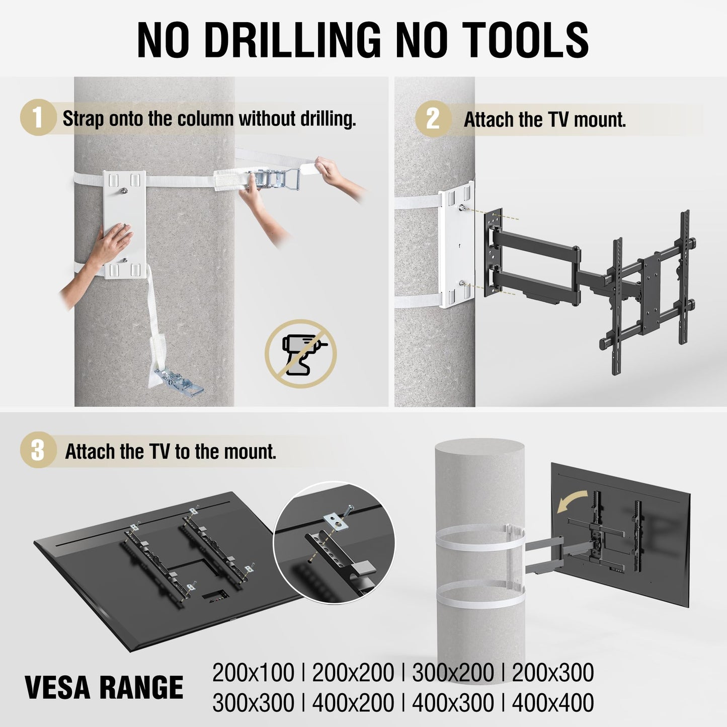 CondoMounts CLMTVA1044 Full Motion Large Pillar TV Mount | Column | Round & Square TV Post Mount | NO Drill | Holds 80lbs | Fits 32-in. to 70-in. TVs | Fits Pillars 8-in & Wider | White Strap