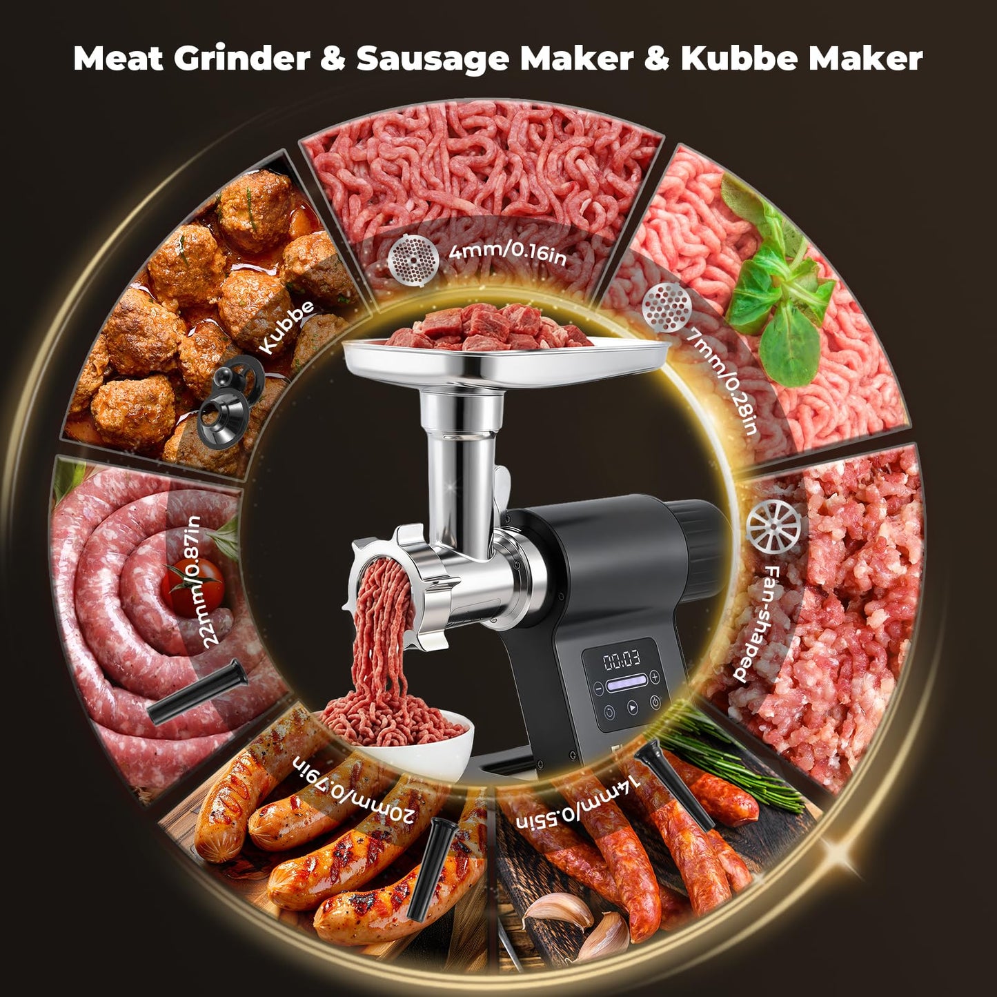 Flyseago Meat Grinder Electric 3200w Commercial Touch LCD Screen Heavy Duty Metal Gearbox Meat Grinder with Timing and Sausage Stuffers, Kubbe Kit for Household Use & Commercial