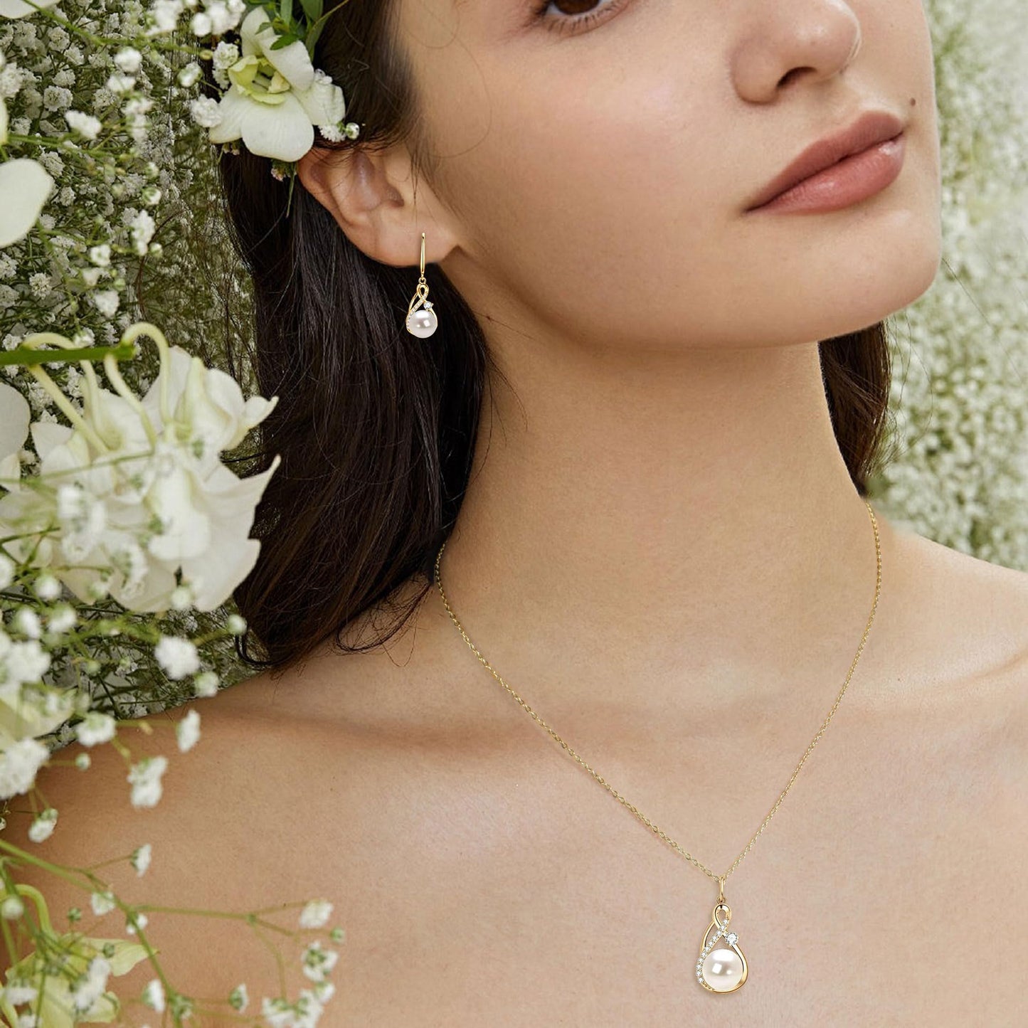 DENGGUANG Sterling Silver Pearl Jewelry Set with Moissanite, Real Freshwater Pearl Earrings Necklace for Women, Gold Plated Wedding Jewelry for Brides Bridesmaid, Mother's Day