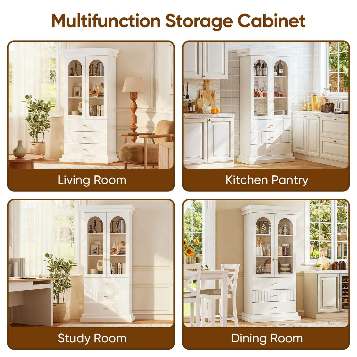 Myricore 71" Arched Kitchen Cabinet, Double Glass Door Display and Storage Cabinets with Drawers, Modern Pantry for Dining Room, Living Room, White with Gold Handles, 2 of Set
