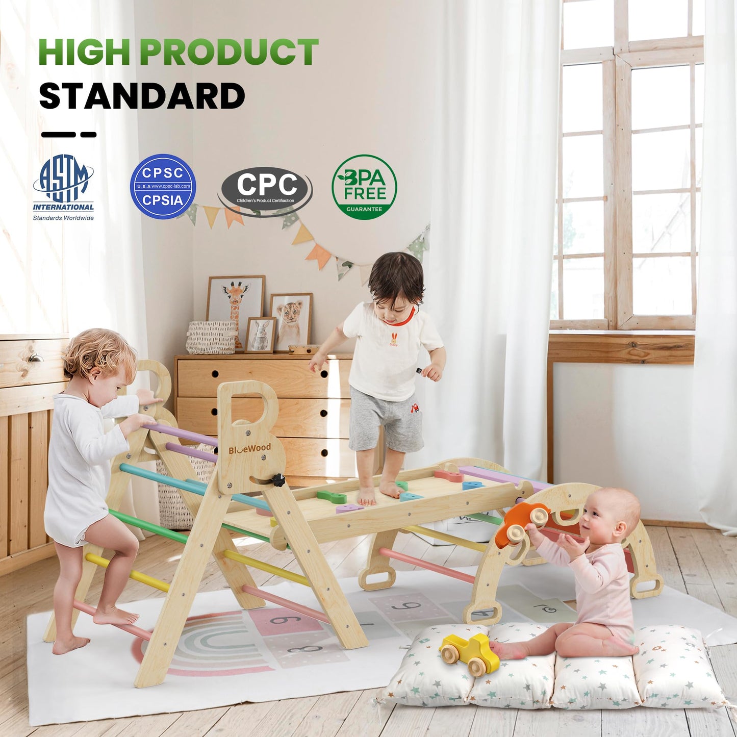 BlueWood Pikler Triangle Set with Cushion - Climbing Toys for Toddlers 9-in-1, Montessori Philosophy Play Jungle Gym with Arch, Ramp, Ladder (Rainbow)