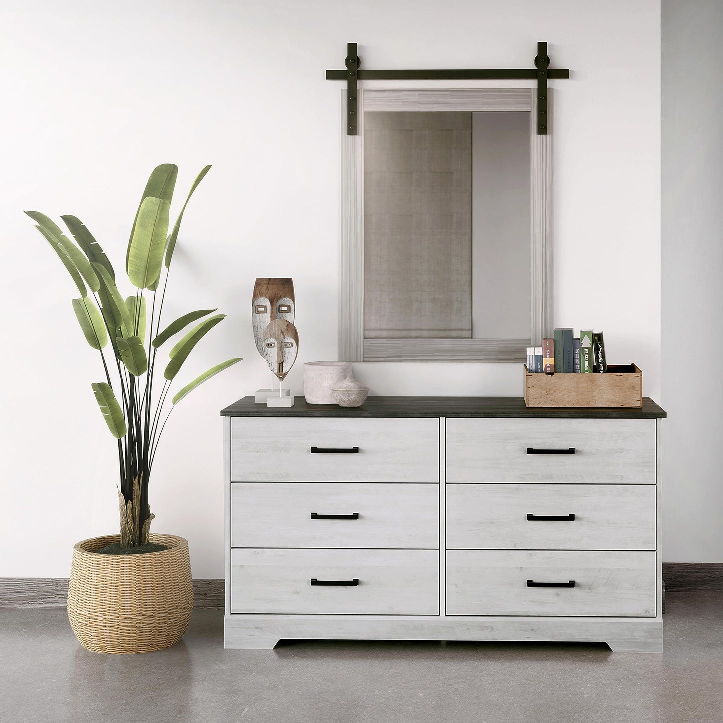Prepac Rustic Ridge Farmhouse 6-Drawer Double Dresser, Washed White Dresser for Bedroom, Chest of Drawers with 6 Storage Drawers, 53.25” wide x 18.25” deep x 28.5” tall, Washed White