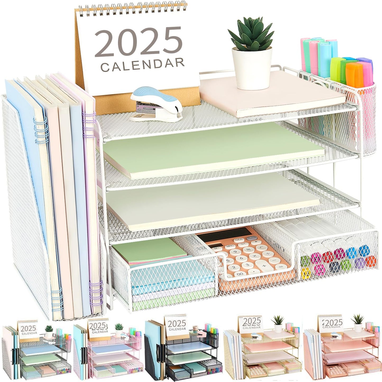 gianotter Desk Organizers and Accessories with File Holder, 4-Tier Desk Accessories & Workspace Organizers with Drawer and 2 Pen Holder, Paper Organizer for Office Supplies (Rose Gold)