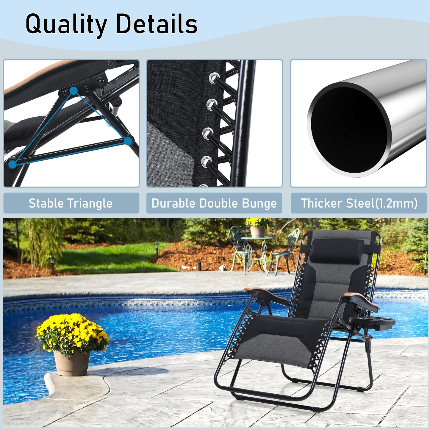 PHI VILLA XXL Oversized Padded Zero Gravity Chair Set of 2, Foldable Patio Recliner, 30" Wide Seat Anti Gravity Lounger with Armrest and Cup Holder, Support 400 LBS (Black)