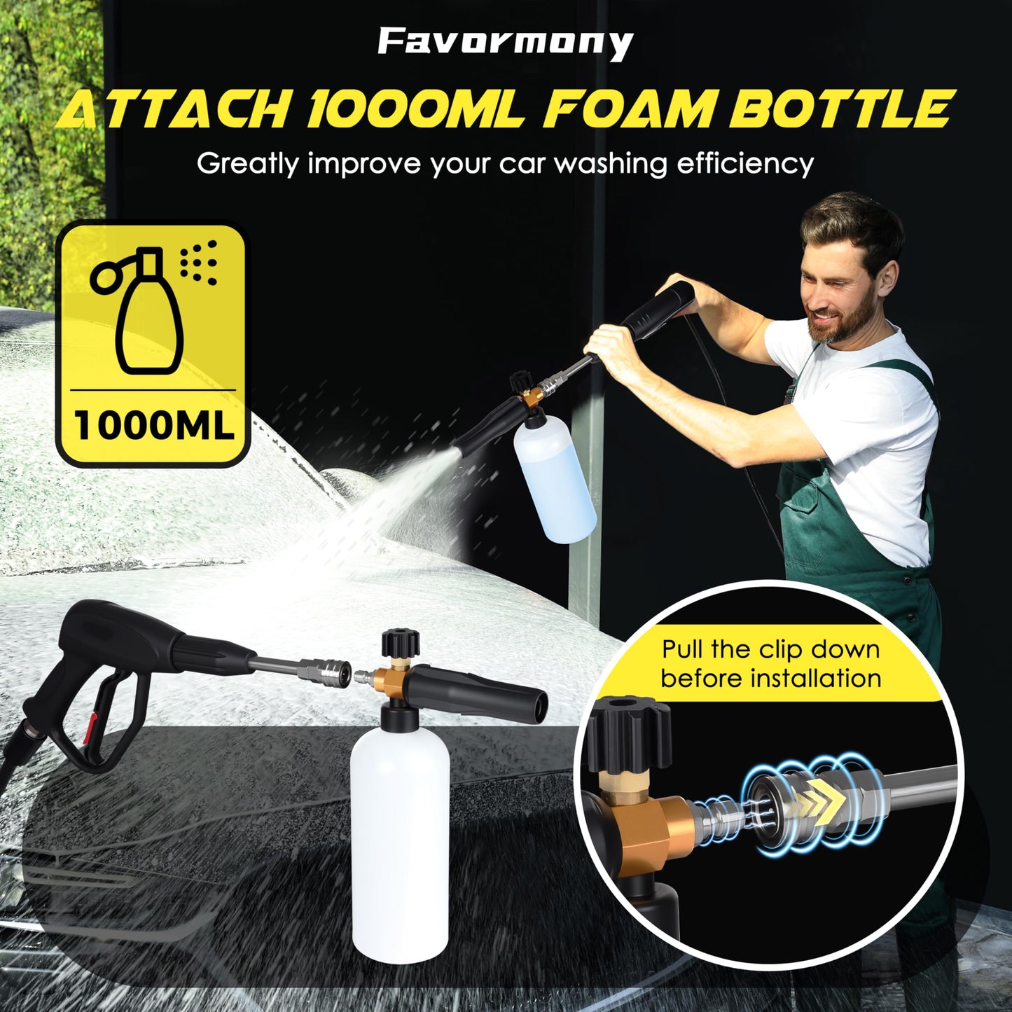 Portable Compact Pressure Cleaner, Power Cleaner with 33FT Flexible Extension Hose, 3 Nozzles, Foam Cannon for Cars, Patios, Driveways