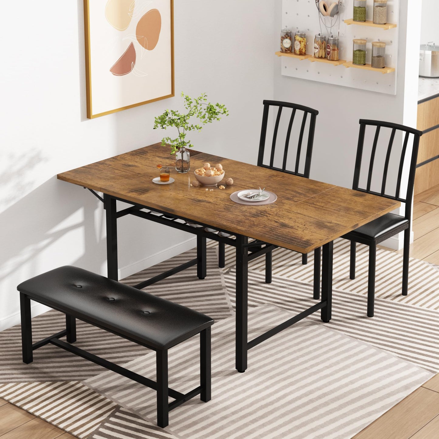 Lamerge 4-Piece Dining Table Set for 3-6 People, 63" Extendable Kitchen Table Set with 1 Bench and 2 Backrest Chairs, Faux Wood Table Square Dining Table Set with Drop Leaf for Small Space