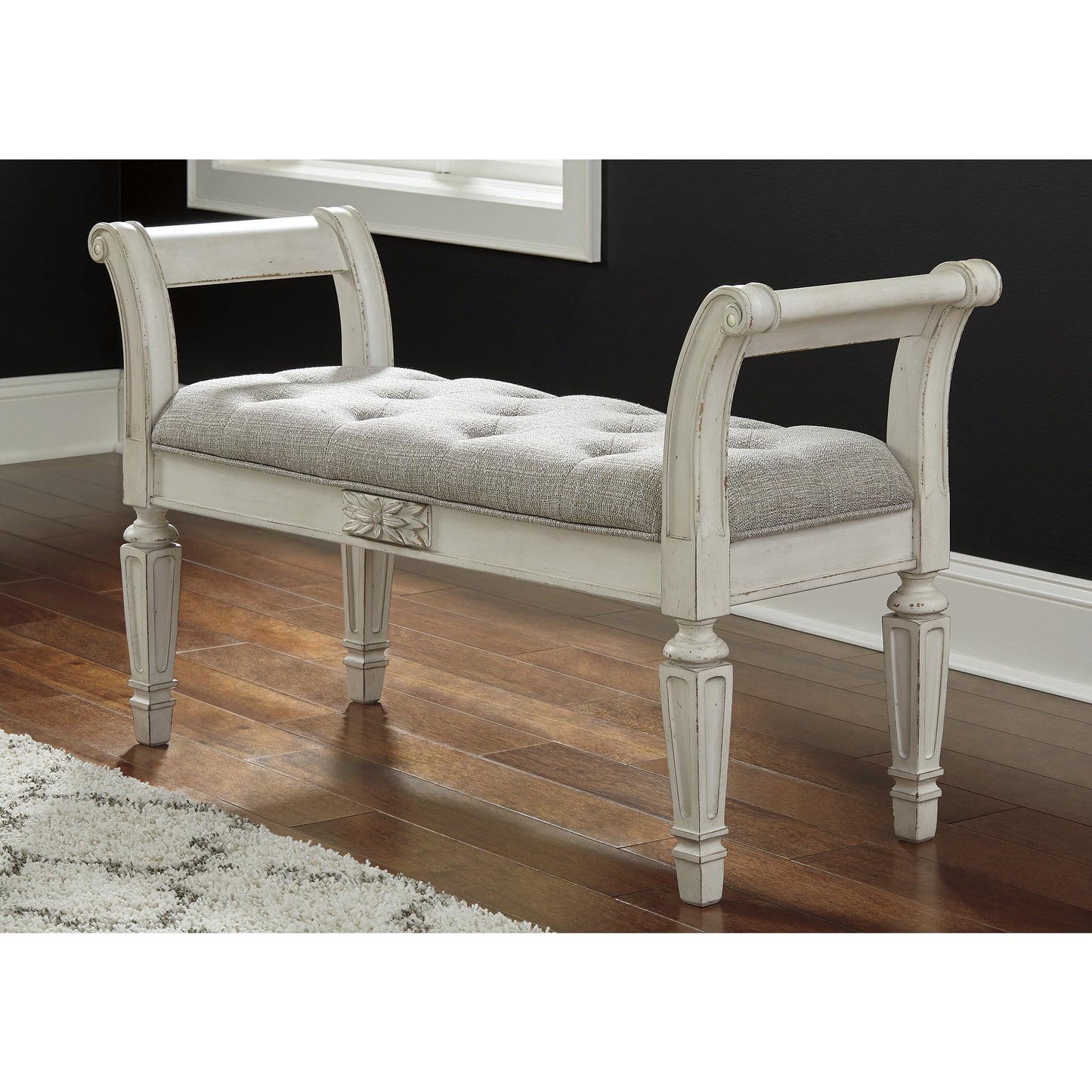 Signature Design by Ashley Realyn French Country Upholstered Tufted Accent Bench with Foam Cushion and Scrolled Arms, Wood Frame, 25.88" High, Antique White