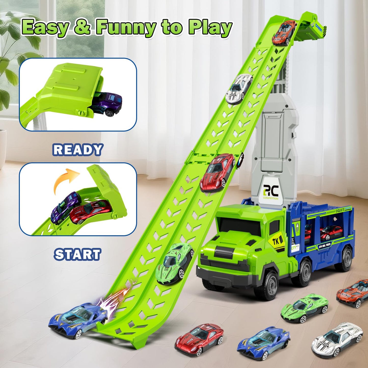 BainGesk Truck Car Toys for 3, 4, 5, 6 Years Old Boys Girls, 3 in 1 Carrier Truck with 2 Foldable Race Tracks, Transport Car with 6 Metal Cars, Birthday Toys Gifts for Toddlers