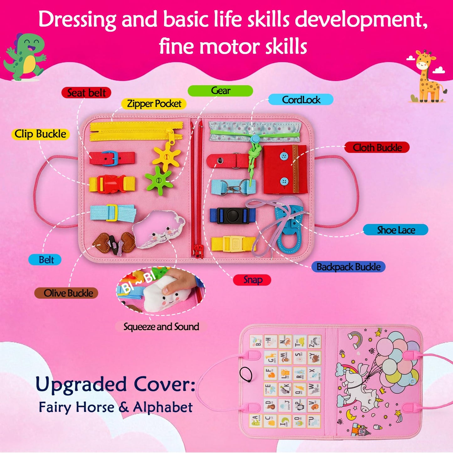 GiggleCraft Montessori Busy Board for Toddlers – Sensory Busy Book with Buckles, Zippers, Letters, Animals, Toddler Activities – Fine Motor Skills Development Learning for Boys Girls Travel Activity
