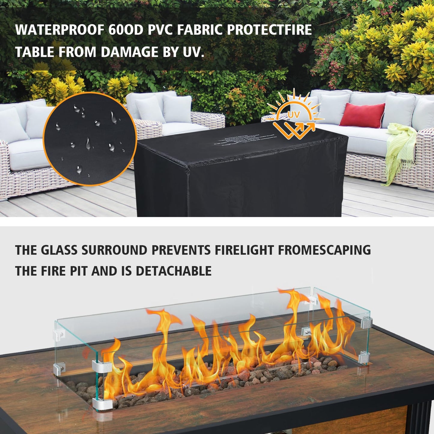 GarveeLife 44 in Gas Fire Pit Square Table, 50,000 BTU Propane Fire Table with Tempered Glass Wind Gaurd, Pulse Switch, Rain Cover, for Foolside, Lawn, Outside Garden, Thermal Transfer Woodgrain