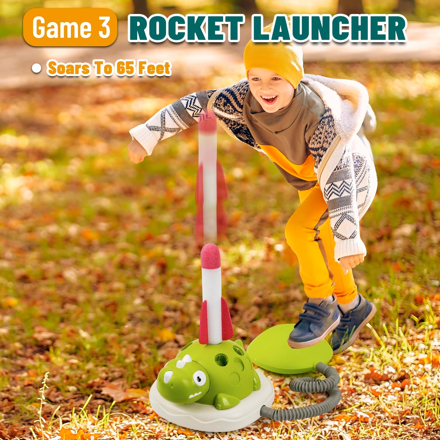 3-in-1 Dinosaur Rocket Launcher, Ring Toss & Musical Jumping Toy for Kids Aged 3-8 , Remote Control Outdoor & Indoor Toys for Boys and Girls , Birthday Gift for Boys & Girls Ages 4-8