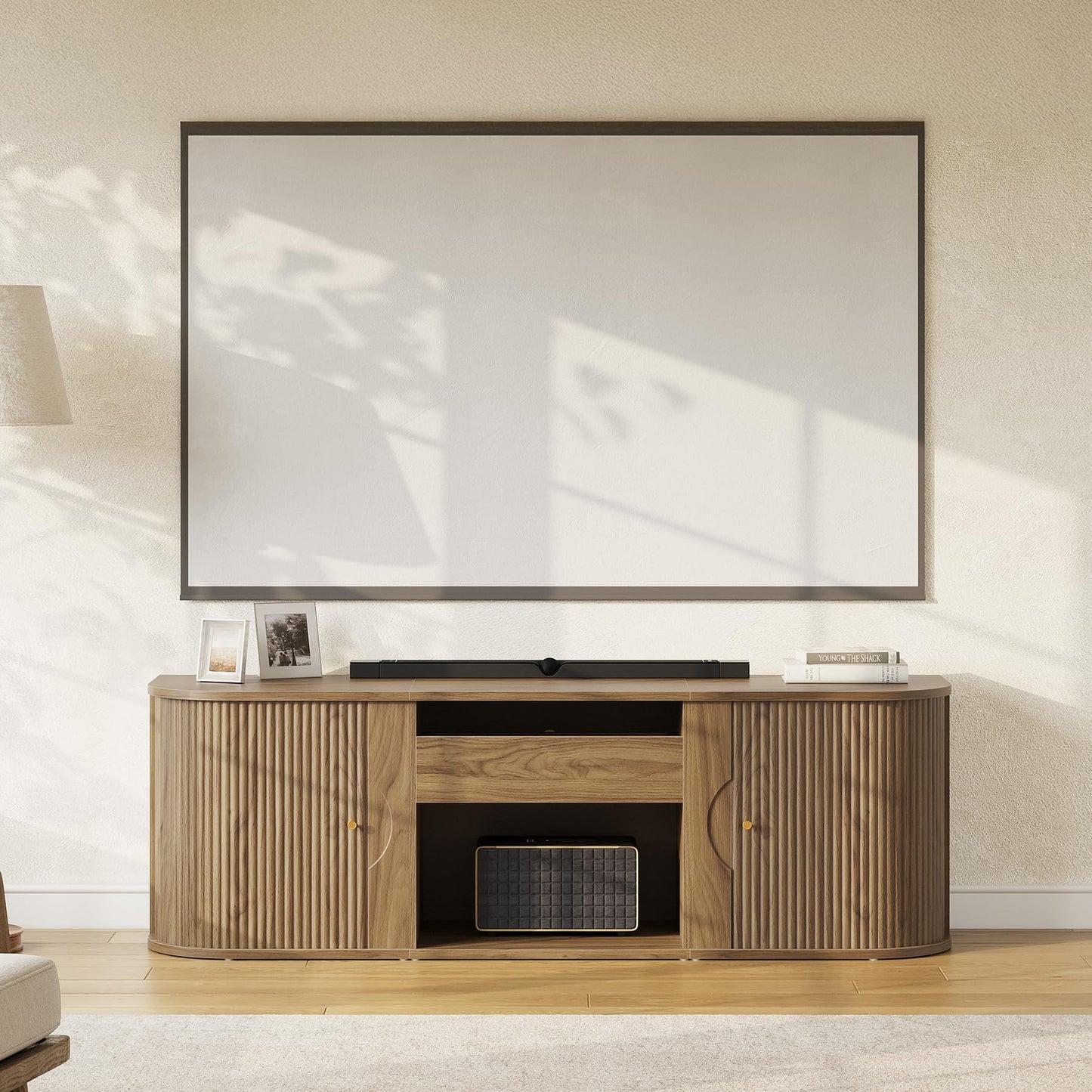 LITTLE TREE 70-Inch TV Stand for Projector, Entertainment Center with Ample Storage, Mid-Century Modern Media Console for Living Room, Bedroom, Wooden Stand for Short Throw Projector, Walnut Brown