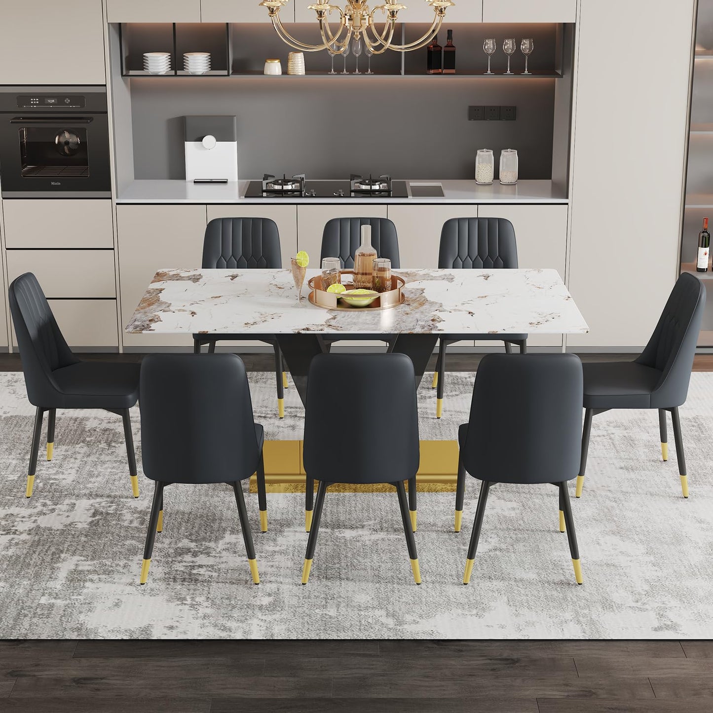 71'' Dining Table Set for 8,Marble Dining Table Set,Modern Kitchen Table with 8 PU Leather Chairs,Gold Dining Room Table Set with V-Shaped Black Glossy Pillars,Ideal for Kitchen Dining Room