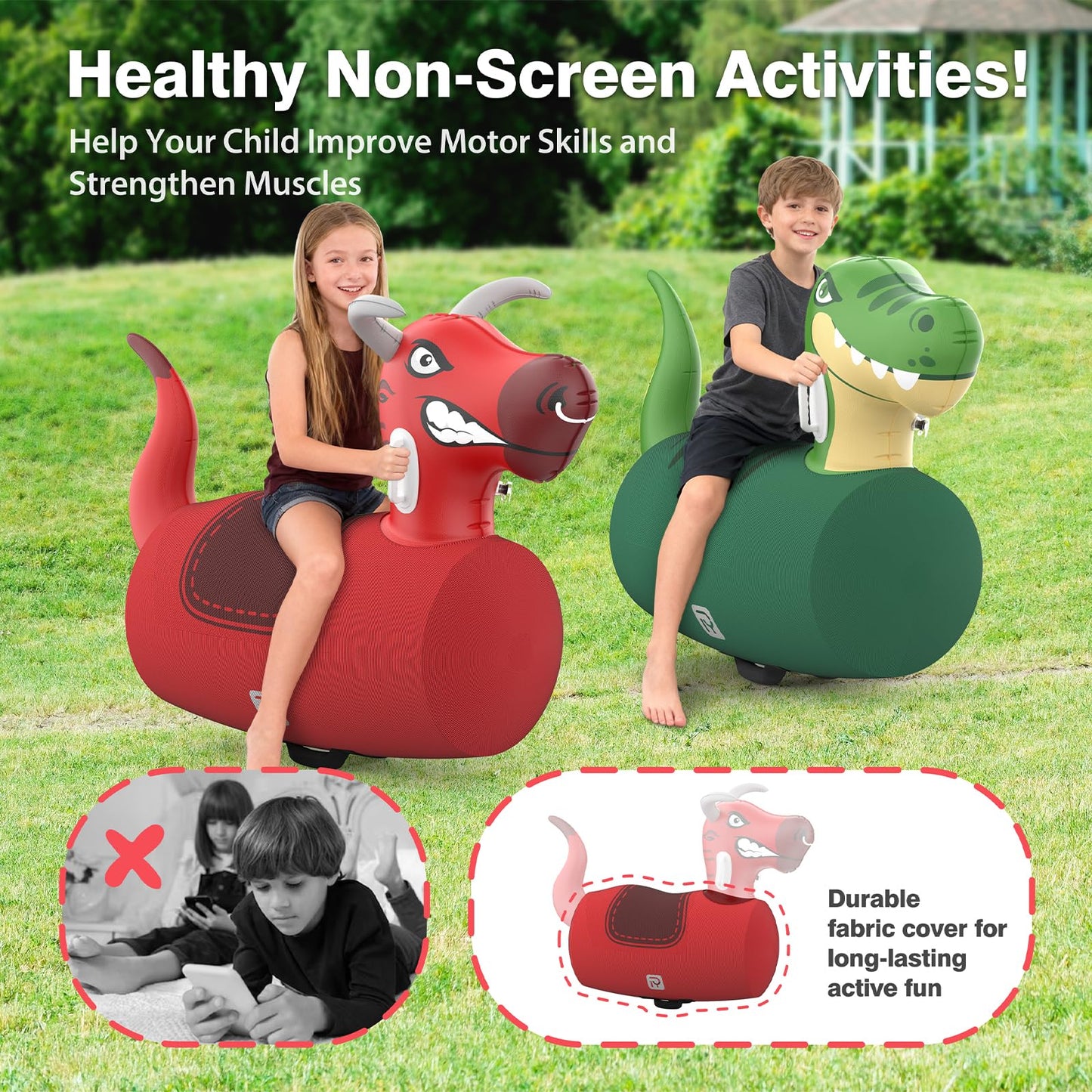 POVYRE Kids Boys Outdoor Toys, 2 PCS Giant Inflatable Dinosaur Bull Toys Bouncy Hopper with Pump, Ride-on Jumping Animal for Indoor Outdoor Play, 220 lbs Capacity, Gift for Ages 5+