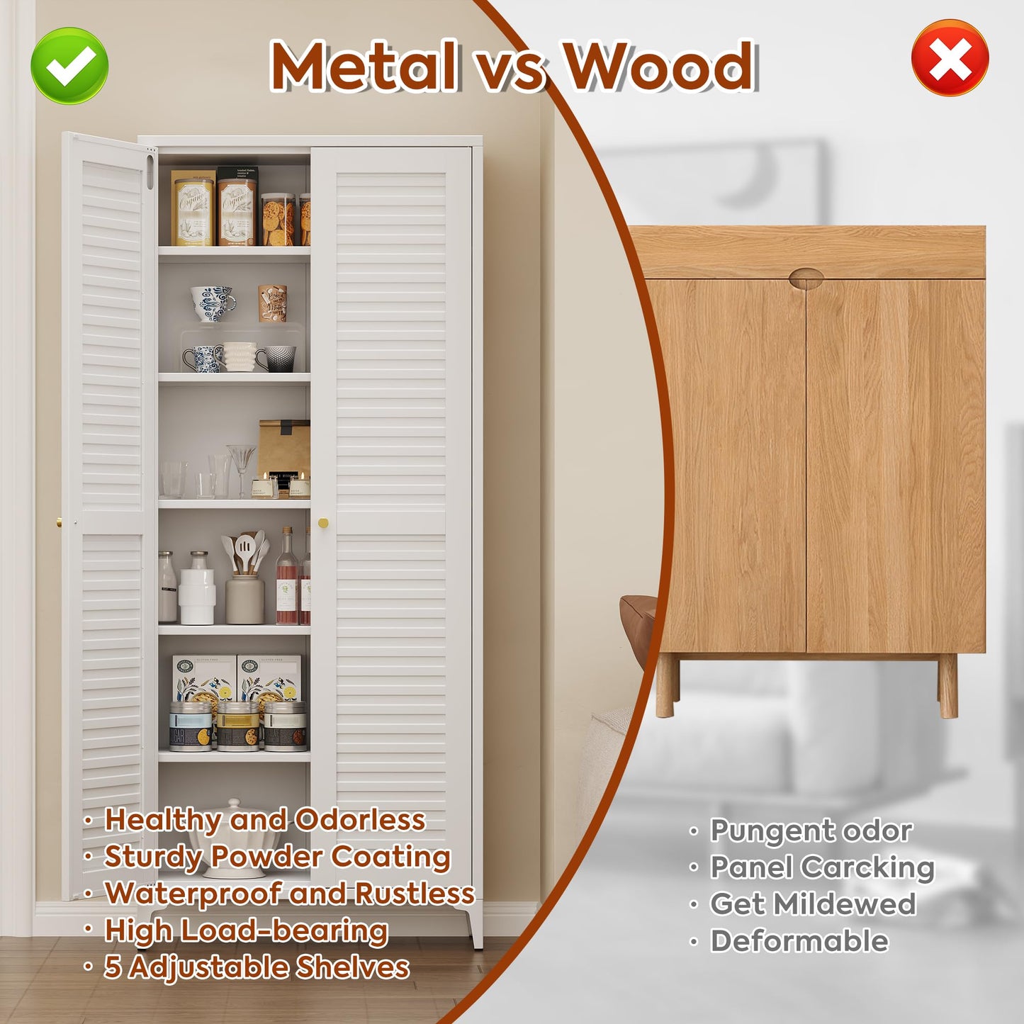 GangMei Metal Kitchen Pantry Cabinet with 2 Doors,Metal Pantry Cabinet with 5 Adjustable Shelves for Kitchen,Home,74.2" H × 31.5" W × 15.75" D,Required Assembly, White