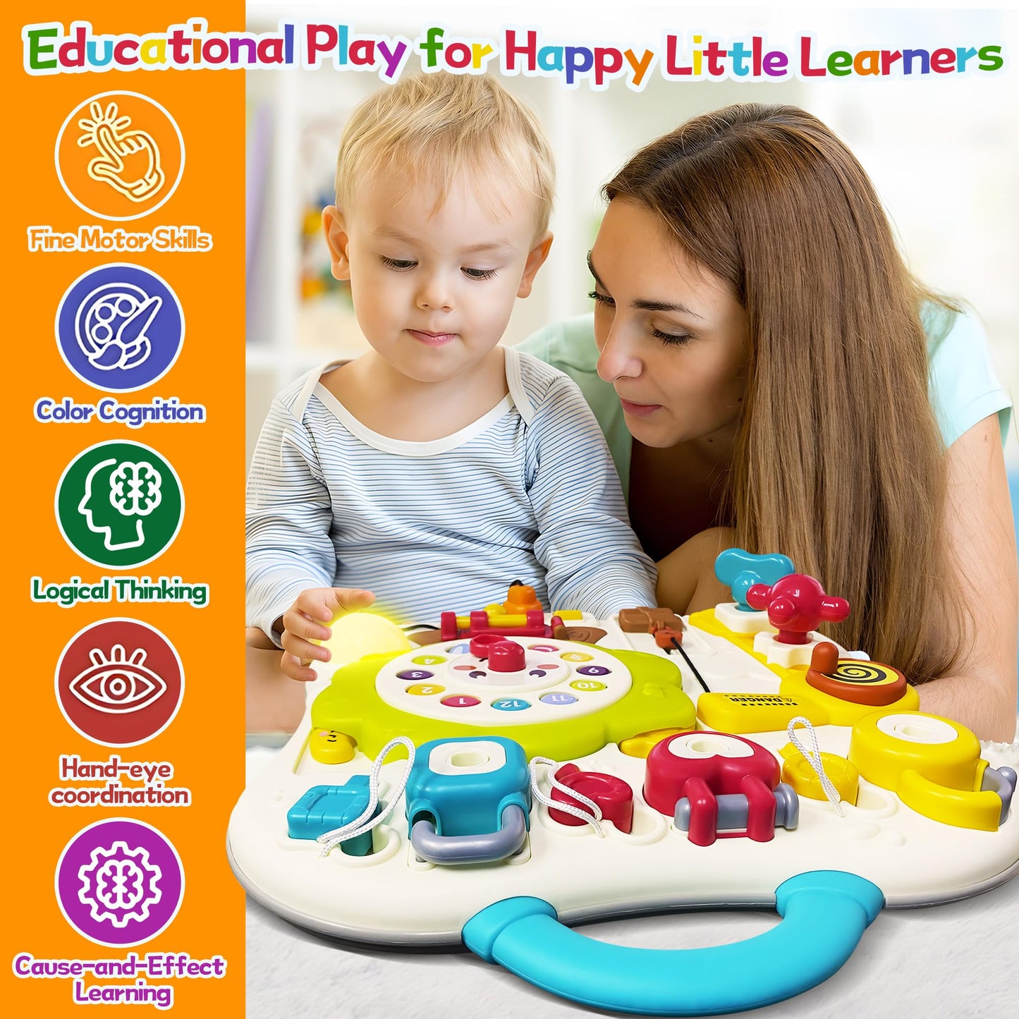 100PCS Baby Blocks Set with Storage Bucket, Building Block Toys STEM Educational Toddler Gifts and Montessori Busy Board Sensory Toys for Toddlers 1-3, 13 Activity Music & Led Light Up Montessori Toys