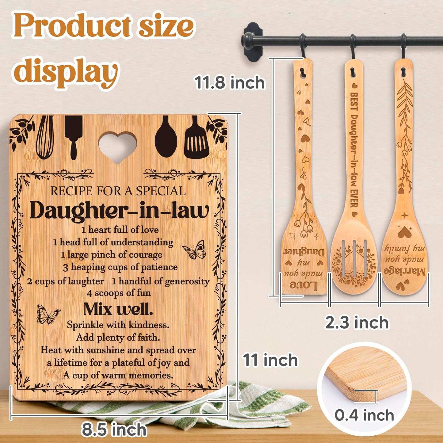 Gifts for Daughter in Law - "Recipe for a Special Daughter-in-Law" Daughter in Law Birthday Gifts Cutting Board Set, Bamboo-Made Engraved Utensil Set Gifts for Daughter in Law.