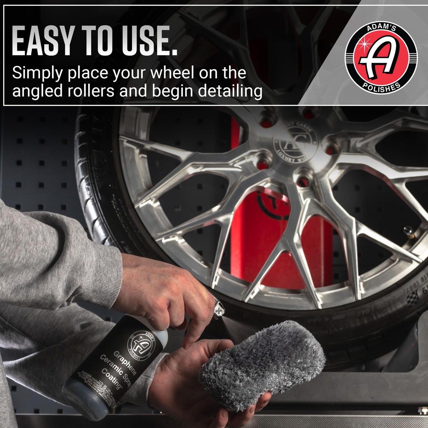 Adam's Polishes Rolling Wheel Detailing Stand - Wheel & Tire Car Detailing Roller for Cleaning, Ceramic Coating, Applying Tire Shine & Car Wheel Wash | Garage Accessory for Detailers