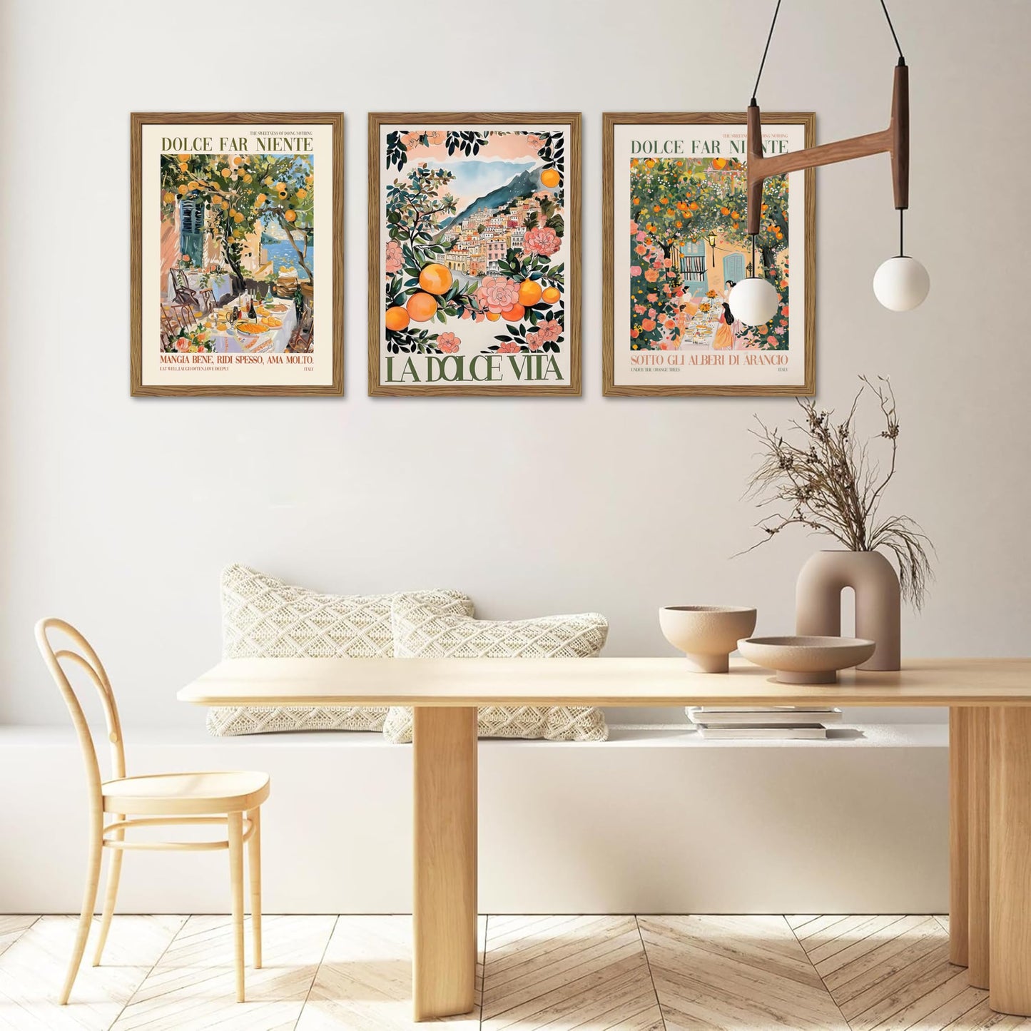 Framed Italian Scenery Wall Art Set of 3, Amalfi Coast Kitchen Wall Art, Vintage City Landscape Canvas Print, Trendy Italian Food Pictures Artwork for Living Room Dining Room – 16x24 inch