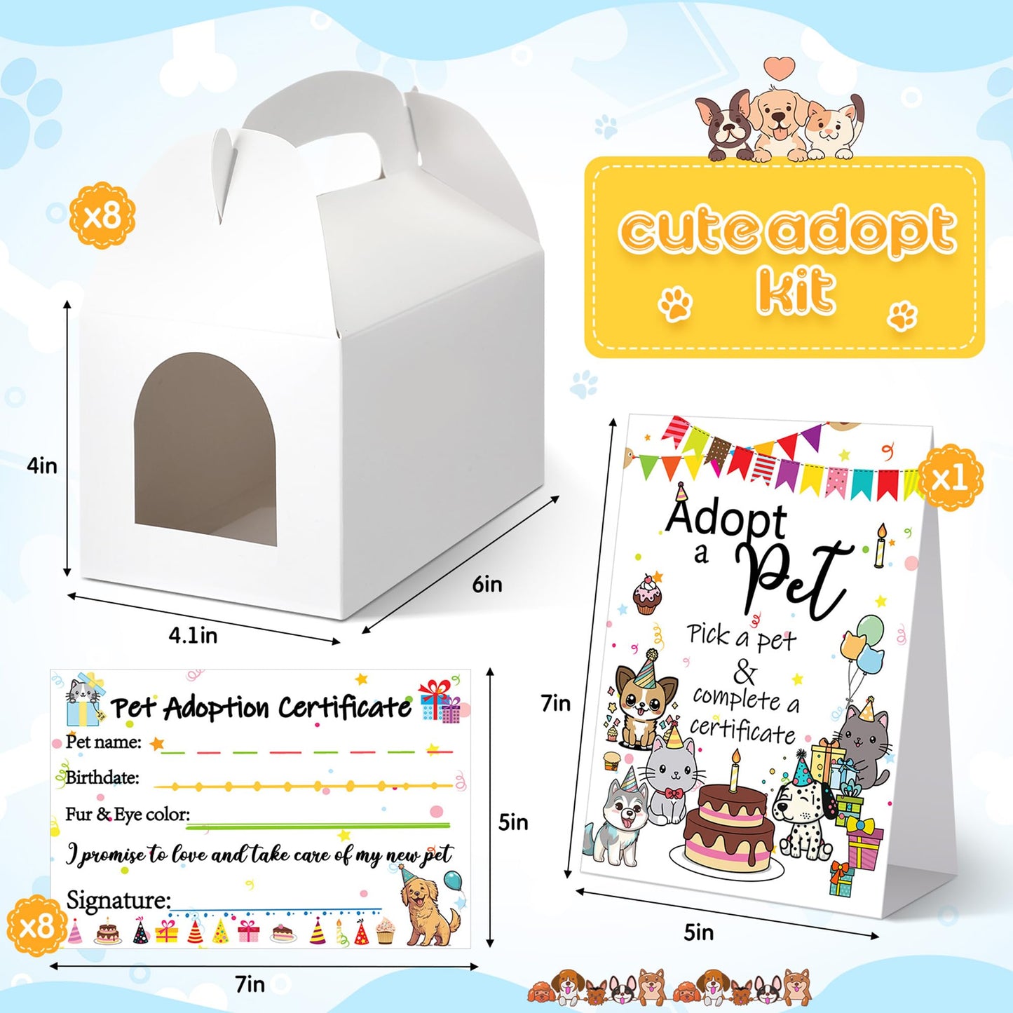 HyDren 33 Pcs Adopt Party Favors Include Adoption Sign Animal Adoption Plush Certificate Pet Stuffed Birthday Hats Paper Boxes White for Adopt an Animal(4 Cat 4 Dog)
